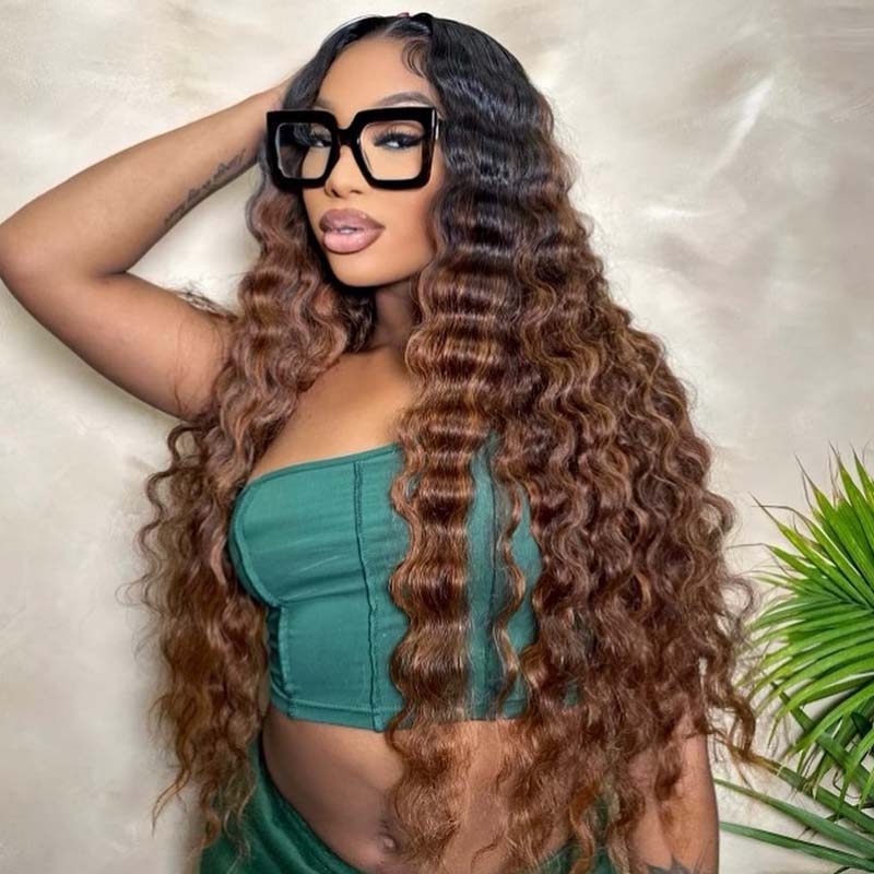 Eullair Ombre 3 Tones T1b/4/30 Highlight Deep Wave Human Hair Wig with Transparent HD Lace Frontal for Women - Perfect for Daily Wear, Parties & Special Occasions