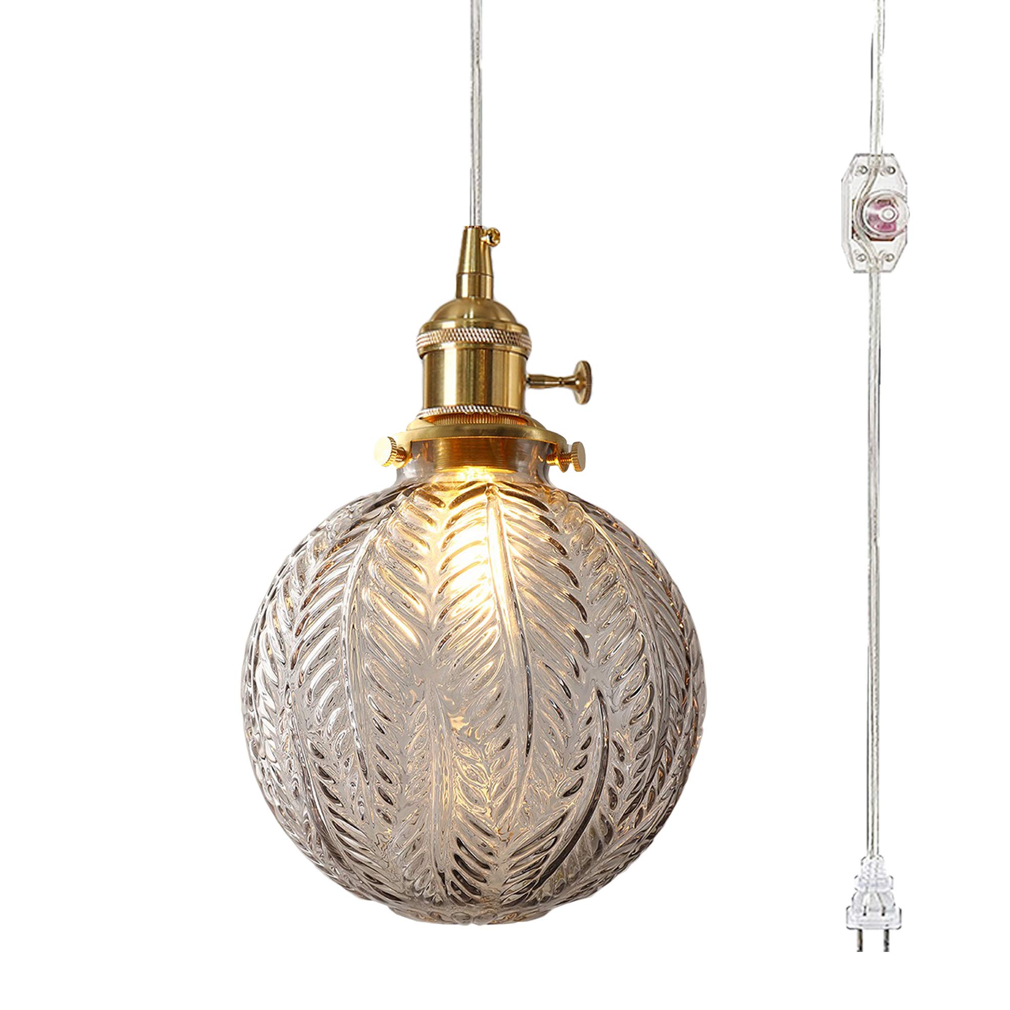 Plug-in Hanging Swag Lamp with 20ft Cord & Dimmer - No Wiring Needed, Smokey Grey Glass Shade & Copper Holder for Kitchen Island, Dining Room or Bedroom Lighting