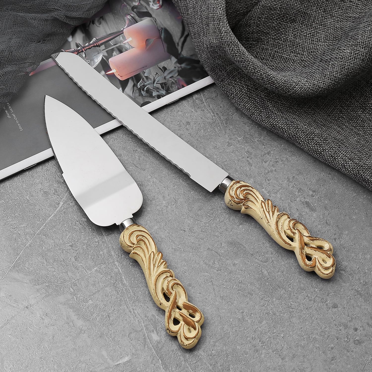 Vintage Wedding Cake Knife and Server Set - Elegant Cake Cutting Set for Weddings, Anniversaries & Special Events (2-Piece) - Perfect for Wedding Cakes, Anniversary Cakes & Dessert Tables
