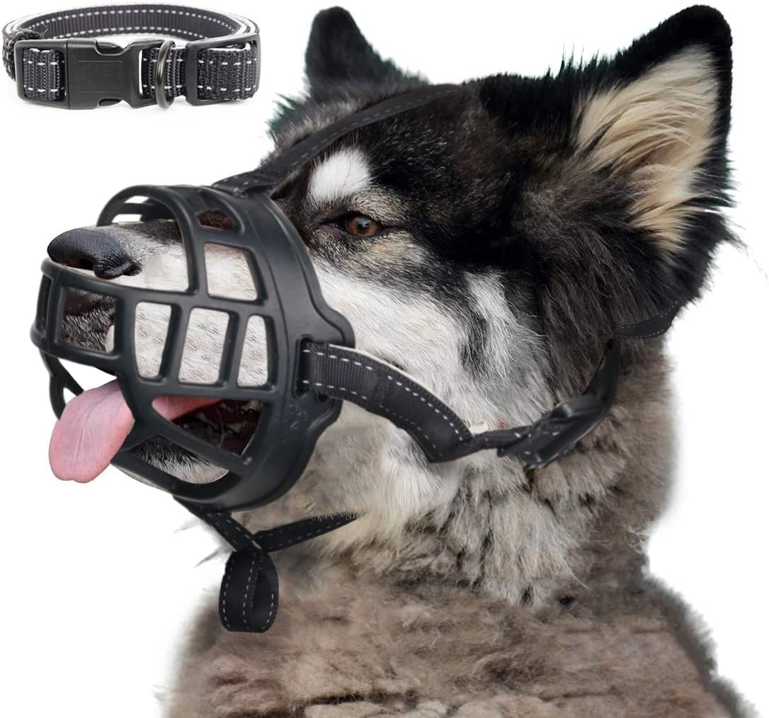BARKLESS Soft Silicone Basket Dog Muzzle - Breathable & Adjustable for Comfort, Allows Panting Drinking & Treats - Stops Barking Biting Chewing - Includes Collar & Training Guide - Perfect for Training, Grooming, Vet Visits & Public Outings