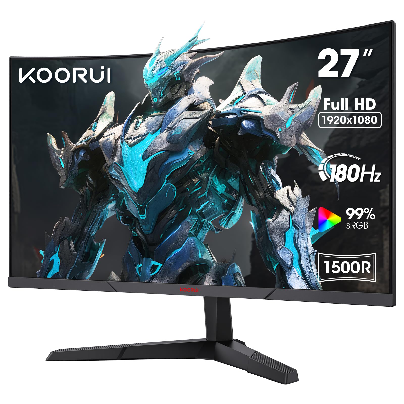 KOORUI 27 Inch Curved Gaming Monitor - Full HD 1080p, 180Hz Refresh Rate, 1500R VA Panel, 99% sRGB, Adaptive Sync, DisplayPort & HDMI Ports, Eye Care Technology, VESA Mount Compatible - Perfect for Esports, PC Gaming & Home Office Setup