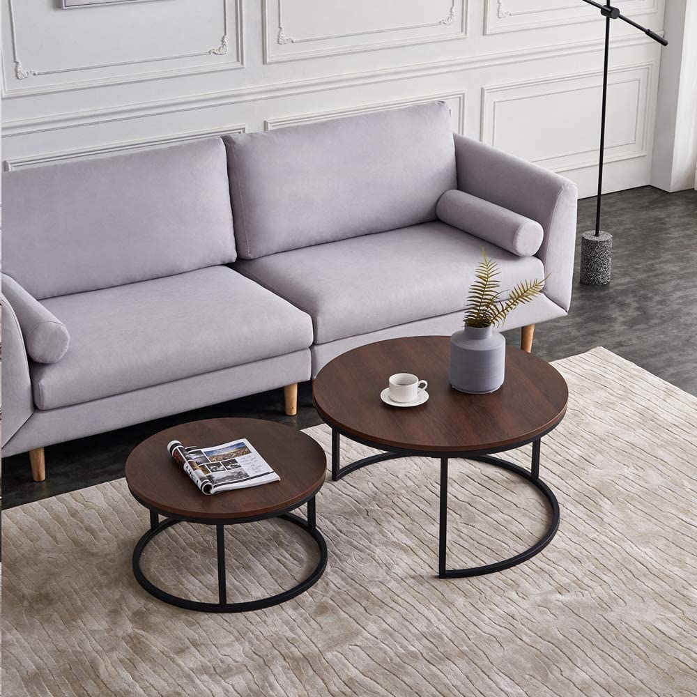 Modern Nesting Coffee Tables Set of 2 - Walnut Table Top & Black Metal Frame - Accent & Side Tables for Living Room, Sofa, Lounge - Perfect for Small Spaces & Home Decor