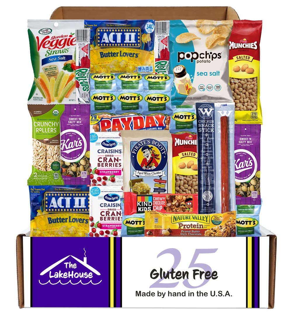 LakeHouse 25 Gluten Free Snacks Variety Pack - Healthy Celiac-Friendly Snacks for Kids & Adults - Allergy Safe Snack Box - Perfect for College Care Packages, Gift Baskets, School Lunches & Office Snacking