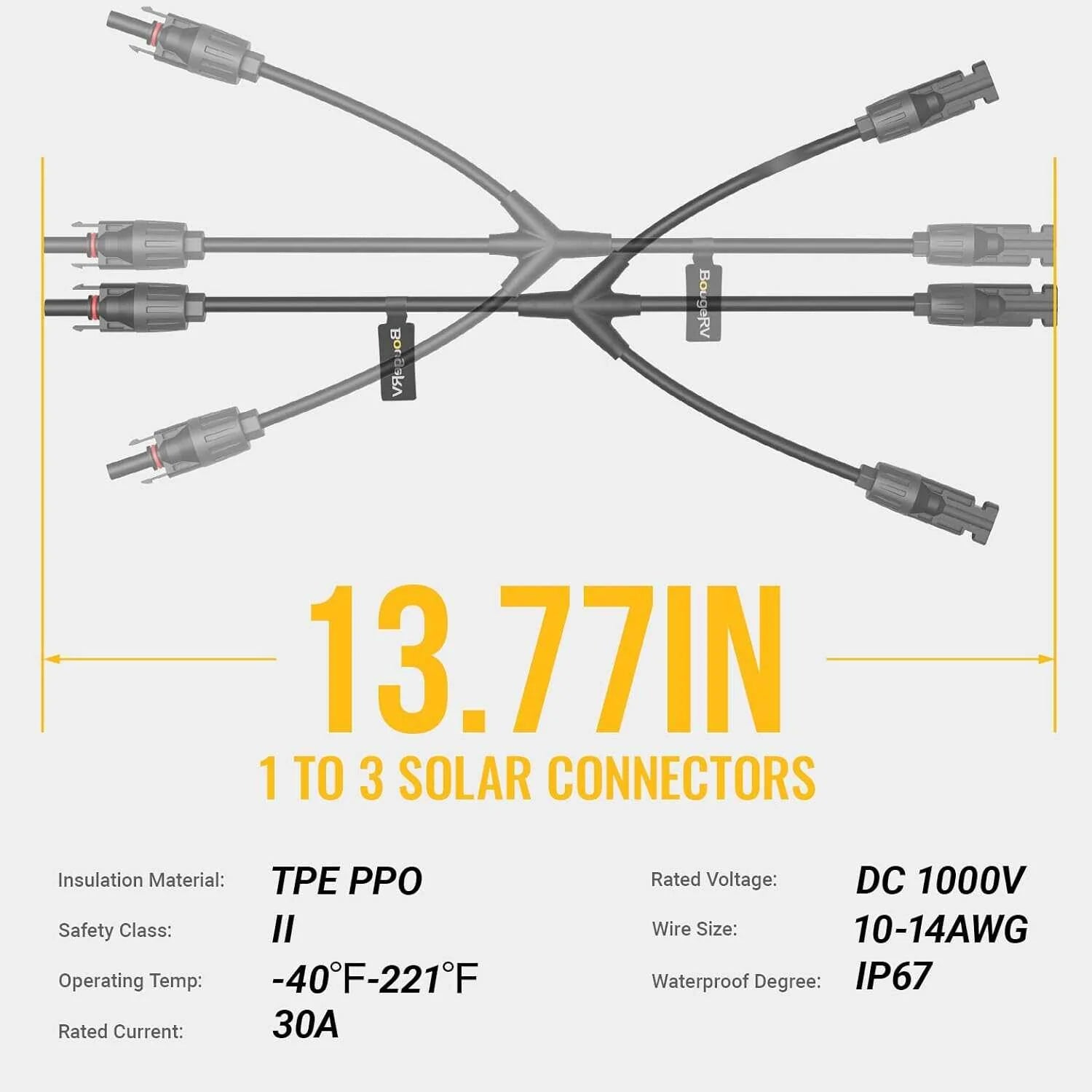 BougeRV 1 to 3 Solar Panel Parallel Connectors - Waterproof Solar Cable Wire for RV, Boat, Off-Grid Power System - Compatible with 100W to 400W Solar Panels