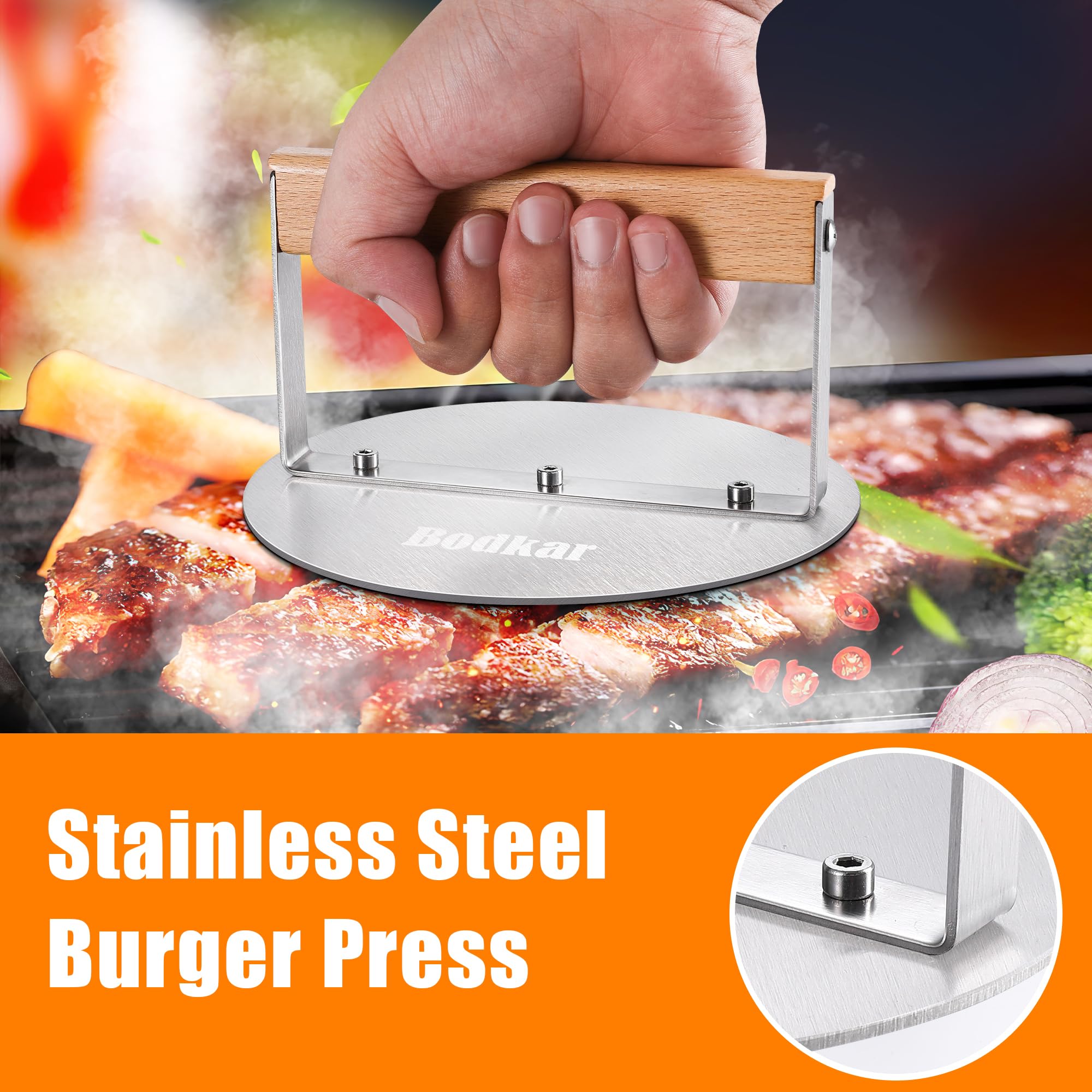 Stainless Steel Burger Press - 6 Inch Round Hamburger Smasher with Wooden Handle, Heavy Duty Grill Press & Meat Flattener for Perfect Patties - Ideal for Flat Top Griddle, BBQ Grill, Camping & Home Kitchen Cooking