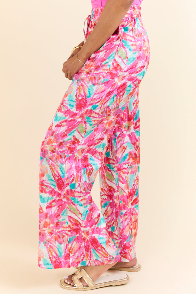 Paddle Out Pink Floral Printed Pull On Pants - Women's Casual Lounge Pants for Yoga, Beach, and Home Comfort