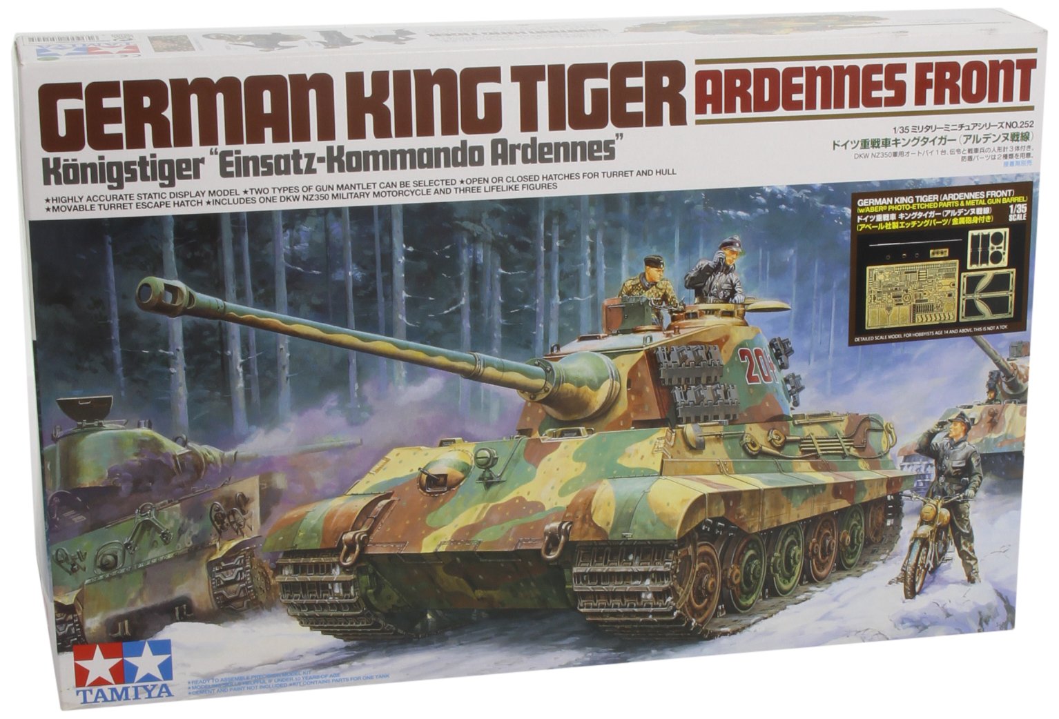 Tamiya 1/35 King Tiger Ardennes Model Kit with Aber PE Parts & Metal Gun Barrel - WWII German Tank for Collectors & Scale Model Enthusiasts