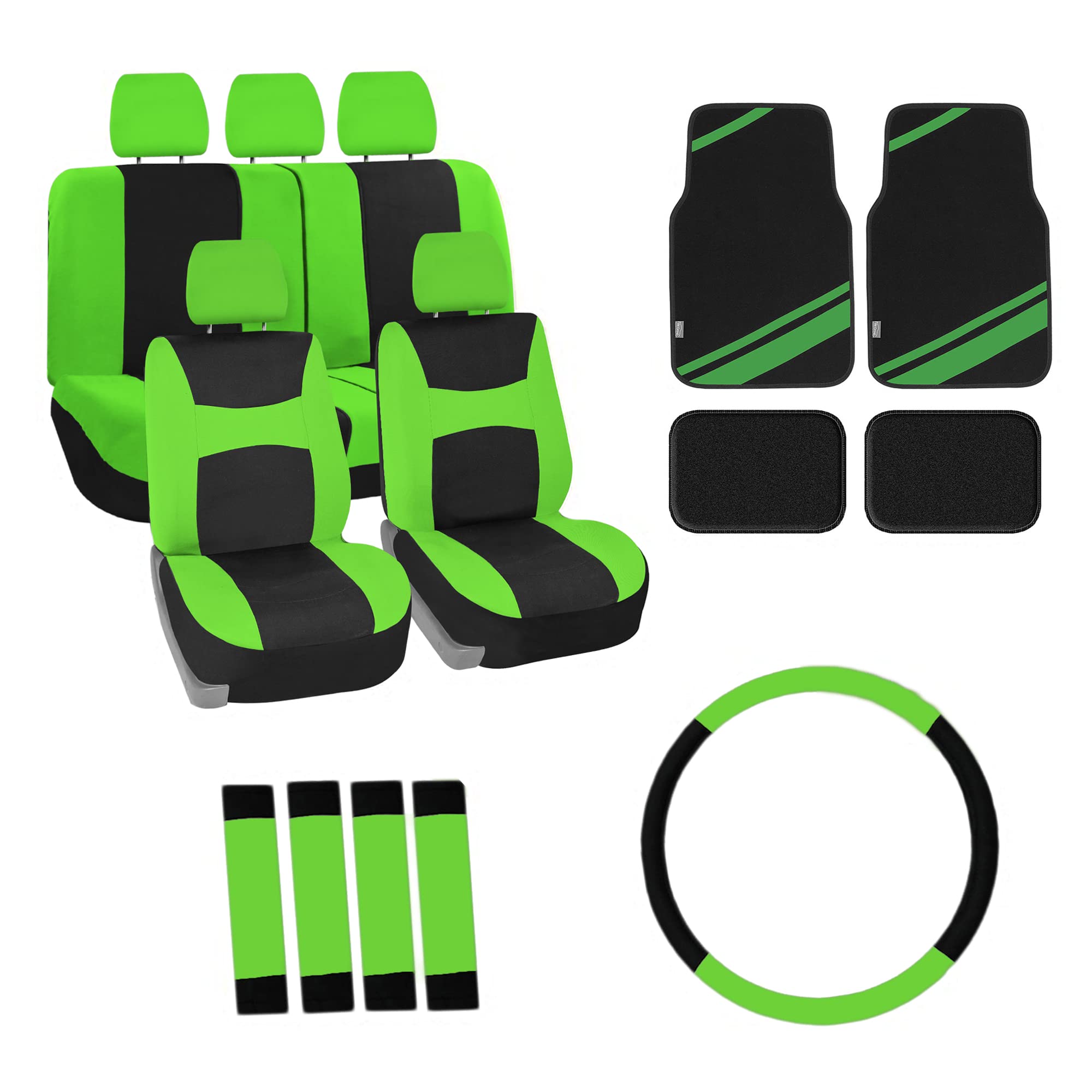 FH Group Light Breezy Green Car Seat Covers Combo Set - Universal Fit for Cars, Trucks & SUVs | Includes Luxe Carpet Floor Mats & Steering Wheel Cover | Perfect for Summer Driving & Interior Protection