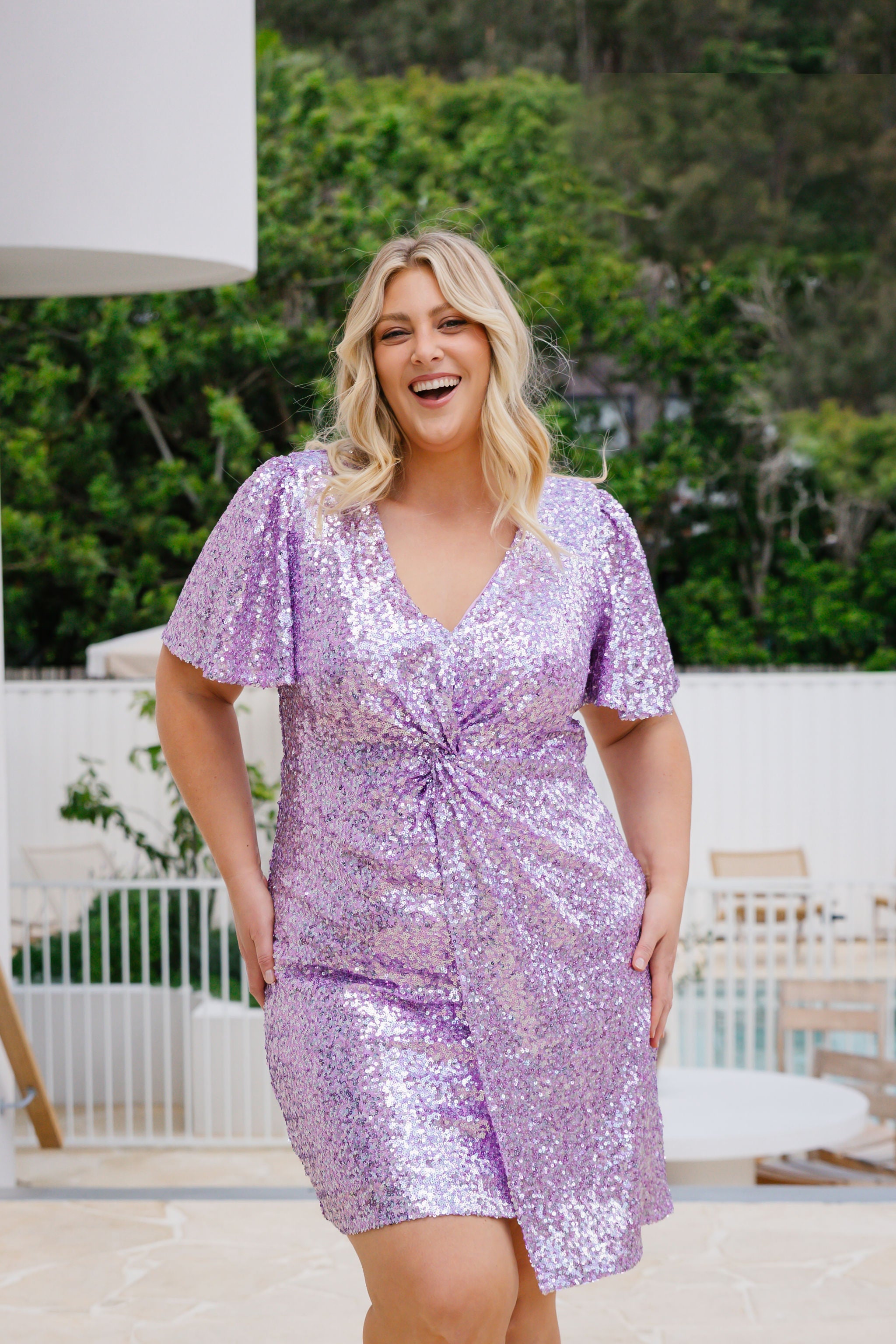 Esmerelda Sequin Twist Dress in Lilac - Elegant Evening Gown for Parties, Weddings & Special Occasions