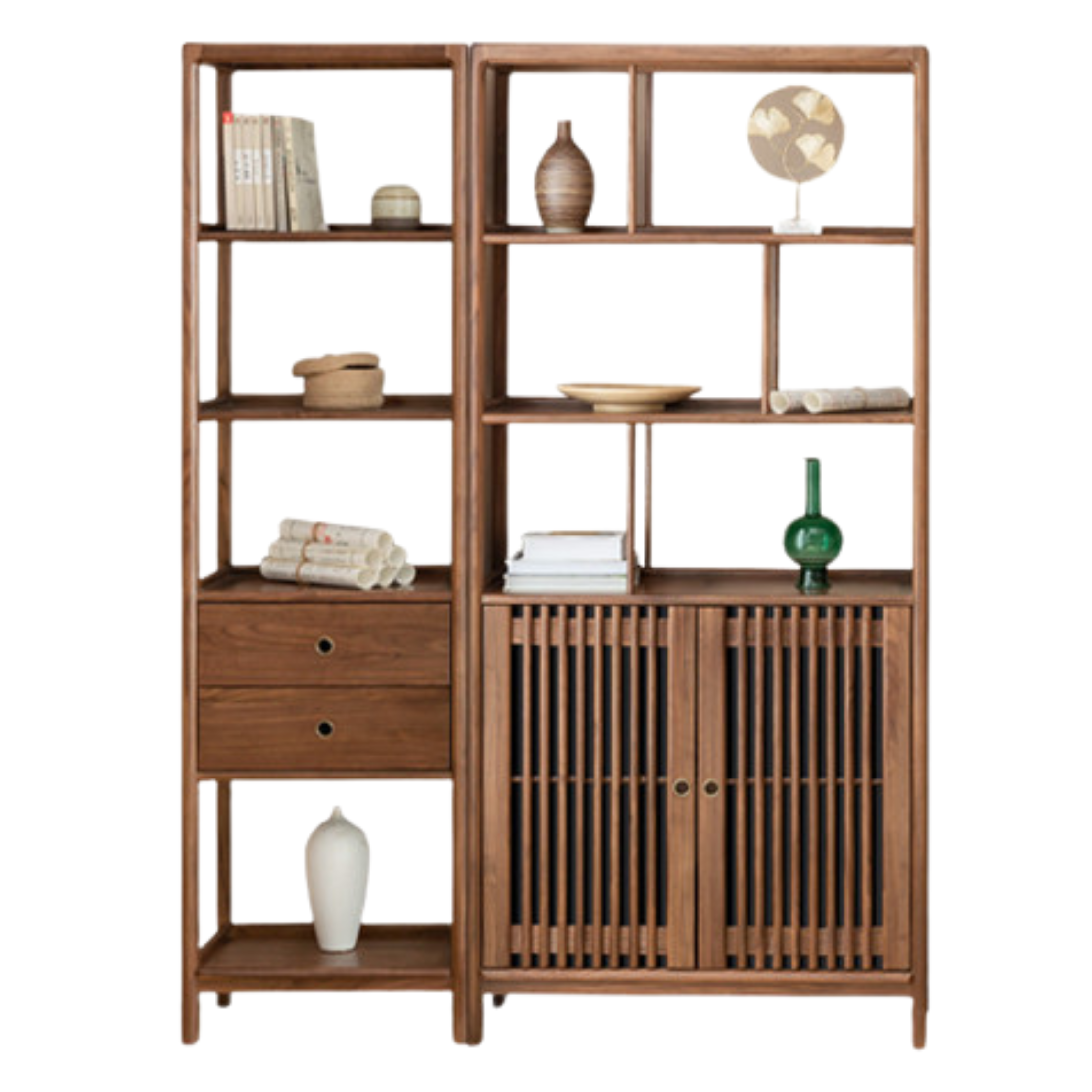 Solid Black Walnut & Ash Wood Bookshelf - Modern Bookcase with Display Cabinet & Wall Shelf for Living Room, Office & Library Storage