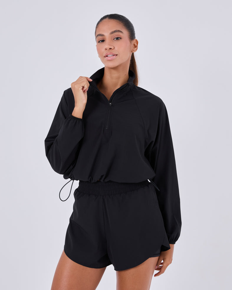 Women's Agility Half Zip Jacket & Shorts Set - Black - Perfect for Running, Gym Workouts & Outdoor Activities