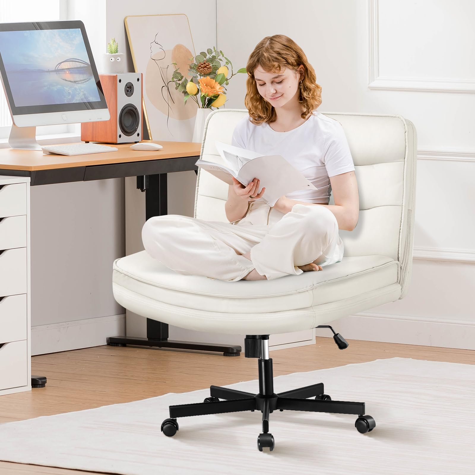 GTRACING Criss Cross Chair with Wheels - Adjustable Ergonomic Office Chair for Cross Legged Sitting, Large Seat & Back Support, PU Leather, Height Adjustable (Beige) - Perfect for Home Office, Gaming, Vanity Makeup & Meditation