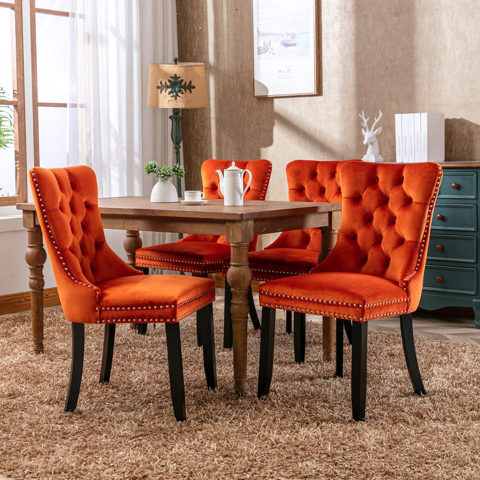 Luxury Orange Velvet Dining Chairs Set of 6 - Tufted Upholstered Kitchen & Dining Room Chairs with Solid Wood Frame - Elegant Home Decor for Dining Room, Kitchen, or Breakfast Nook (Orange, 6 Pieces)