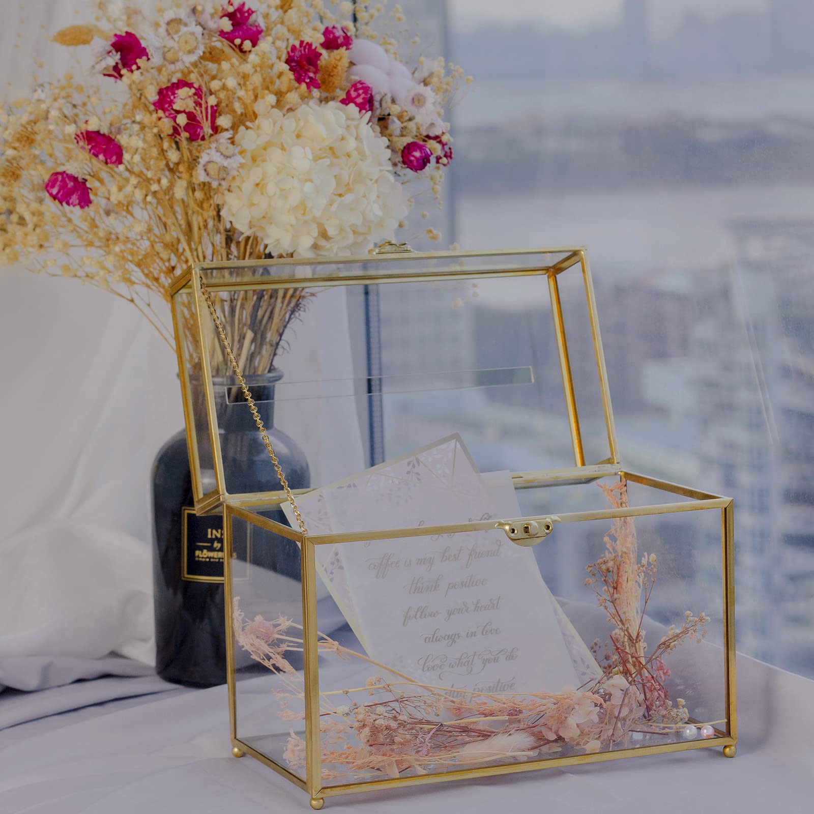Elegant Glass Wedding Card Box with Slot - Large Clear Gift Card Holder in Gold Brass for Wedding Receptions, Birthday Parties & Bridal Showers | Perfect Greeting Card Organizer for Special Events & Celebrations