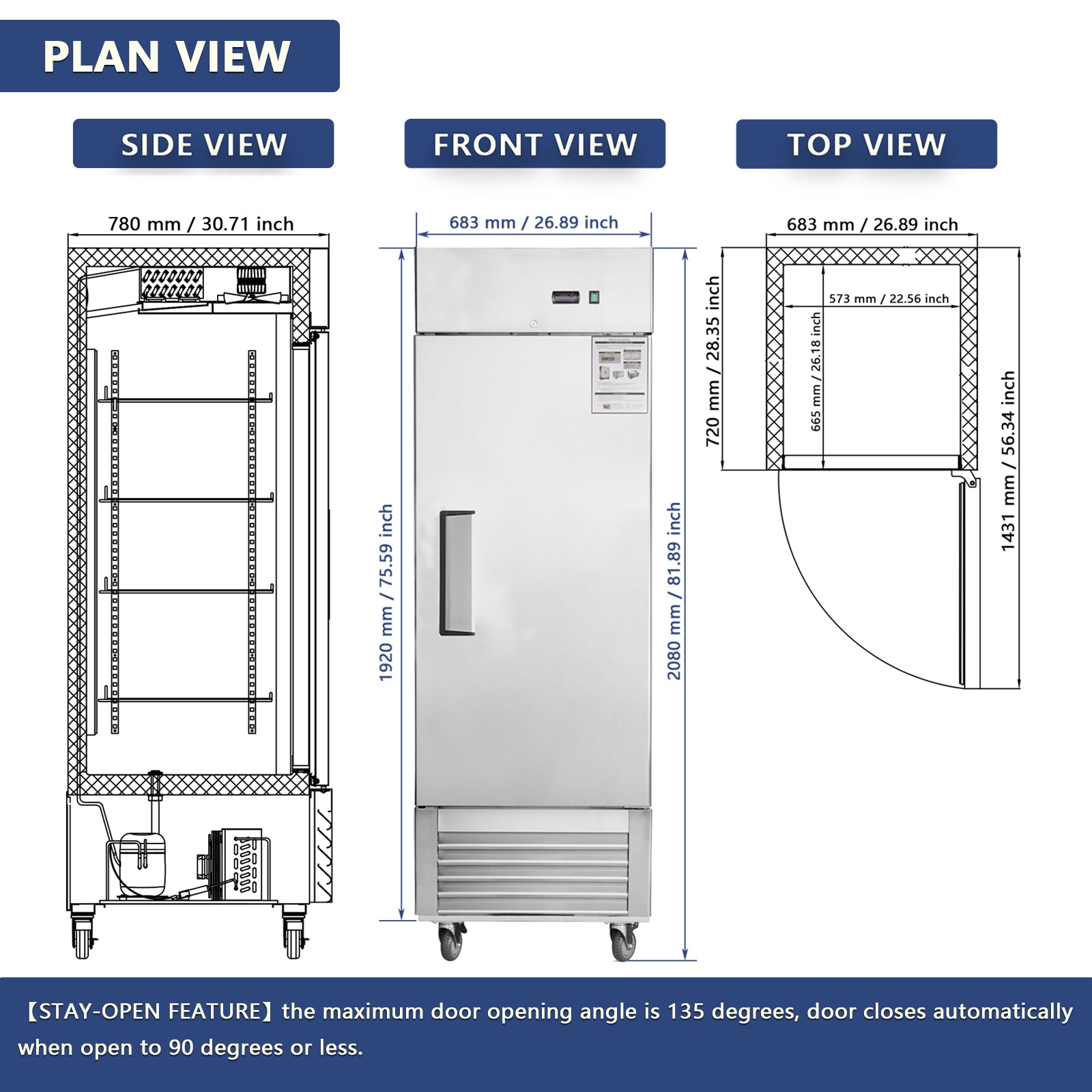 27'W Commercial Stainless Steel Refrigerator Freezer with Fan Cooling - Perfect for Restaurants, Grocery Stores & Catering Businesses