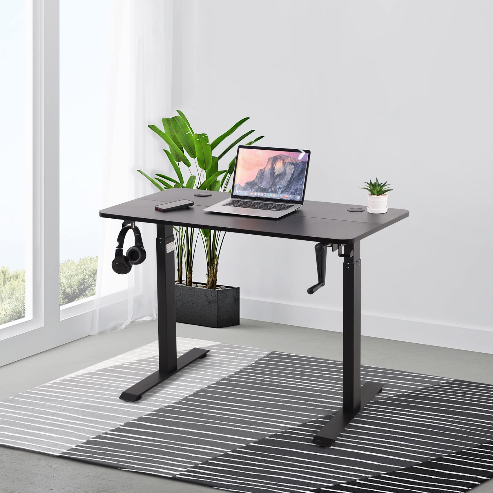 UNICOO Adjustable Height Standing Desk with USB & Wireless Charger - Electric Crank Game & Computer Desk for Home Office (Black, M2) - Perfect for Gaming, Work & Study