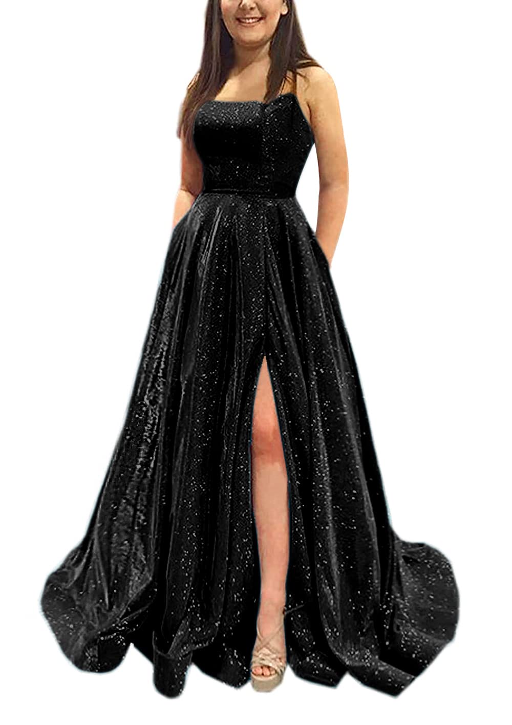 Sparkly Glitter Satin Prom Dress with Spaghetti Straps & High Slit - Elegant Formal Party Gown for Homecoming, Quinceañera & Evening Events