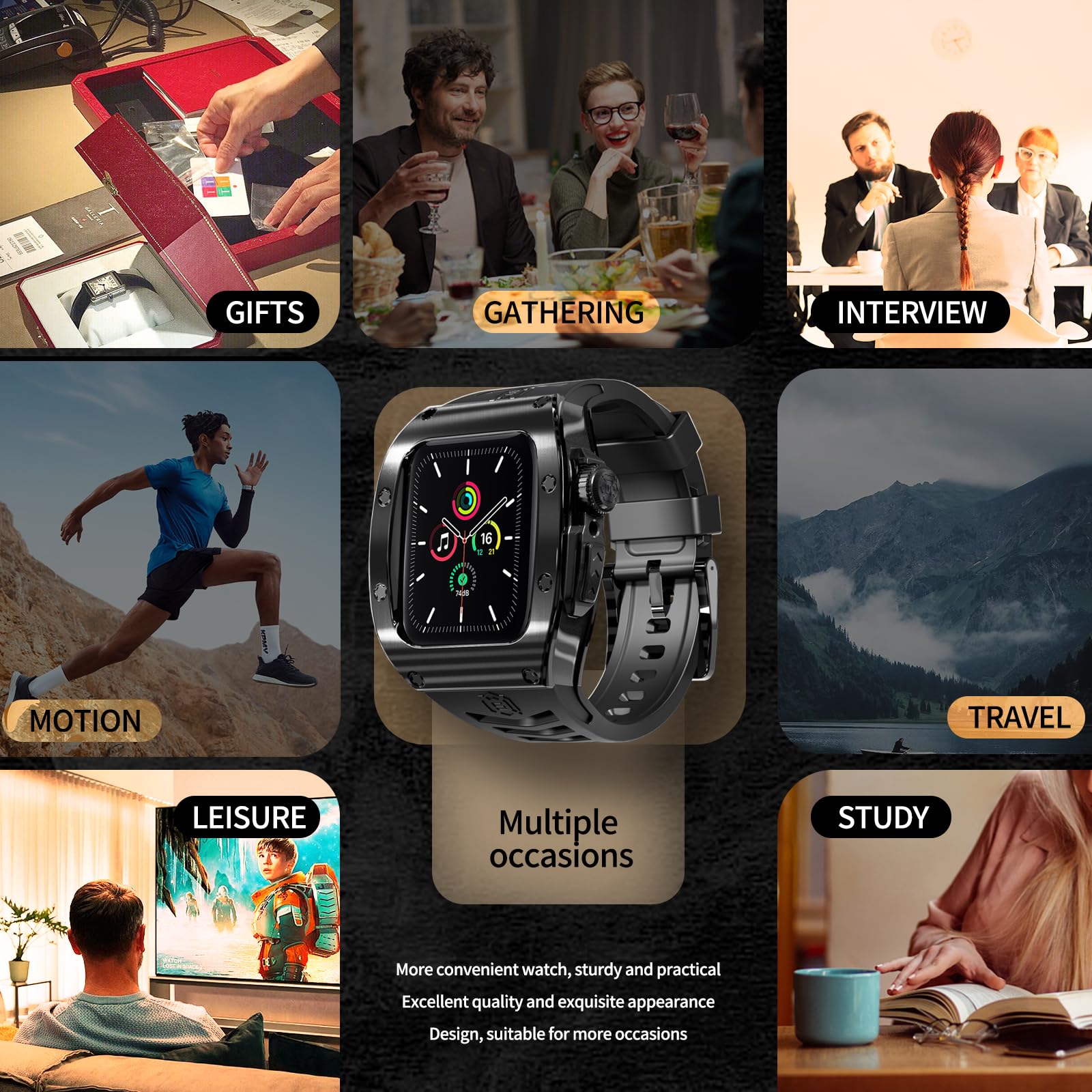Premium Shockproof Armor Stainless Steel Smartwatch Case with Sport Band - Compatible with Apple Watch Series 9/8/7/SE2/6/5/SE/4 (44mm/45mm) - Durable Protection for Gym, Running & Outdoor Activities (Black)