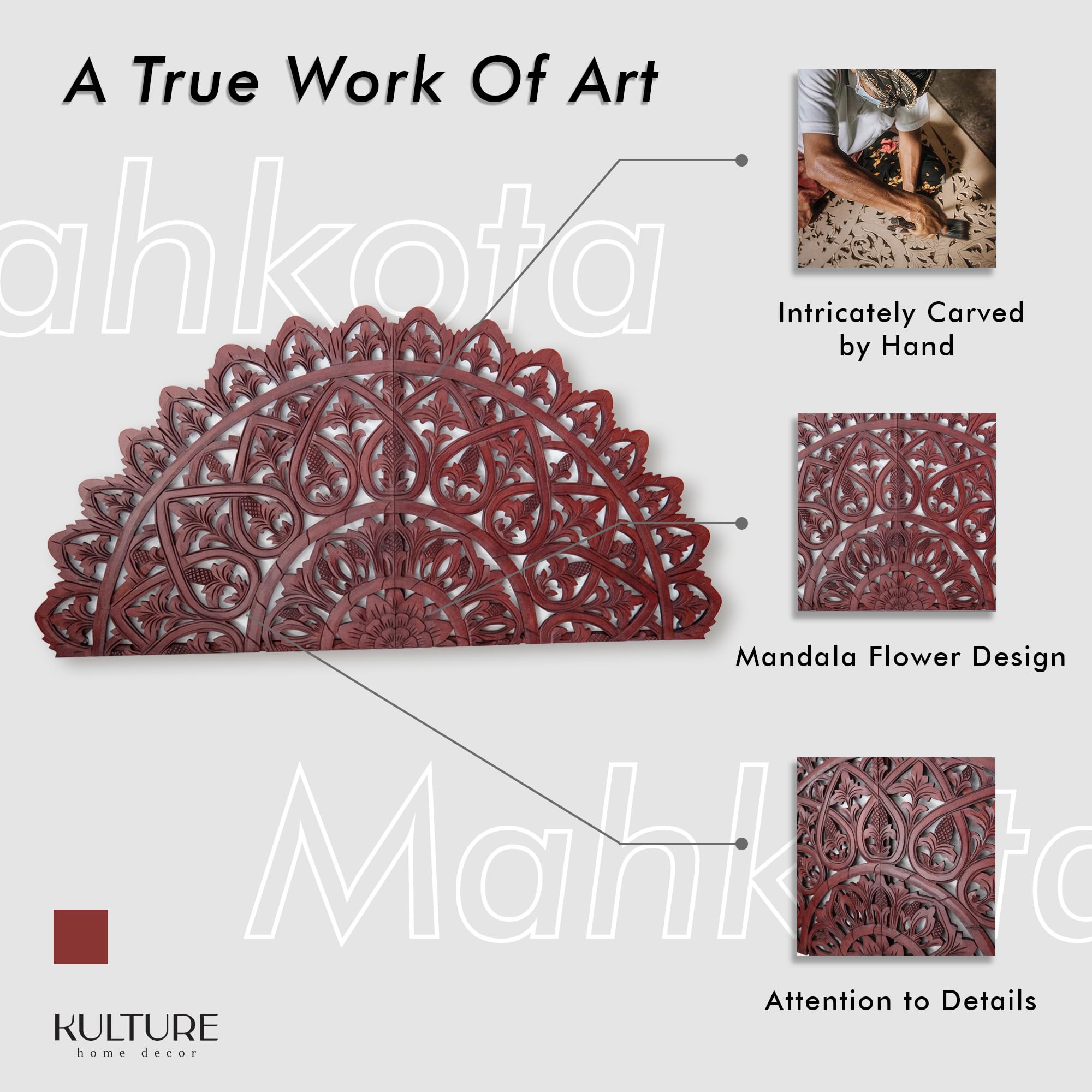 Rustic Half Moon King Wood Headboard - Carved Mahkota Dark Brown for Cal King Bed | Bedroom Decor