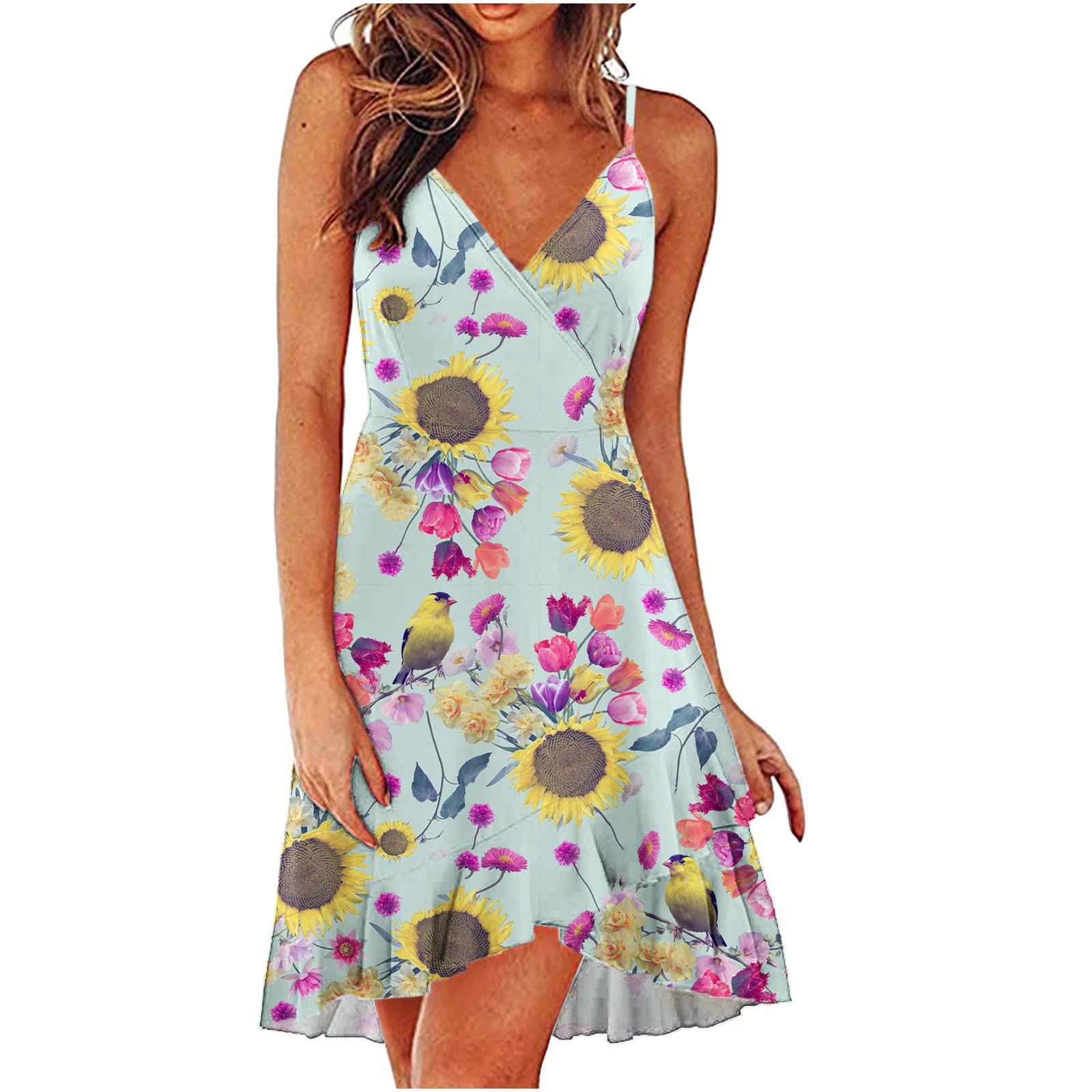 Women's Easter Midi Wrap Dress - Boho Floral Bunny Print Summer Beach Sundress with Flounce Ruffle | Spring Party, Church, Brunch & Vacation Outfit