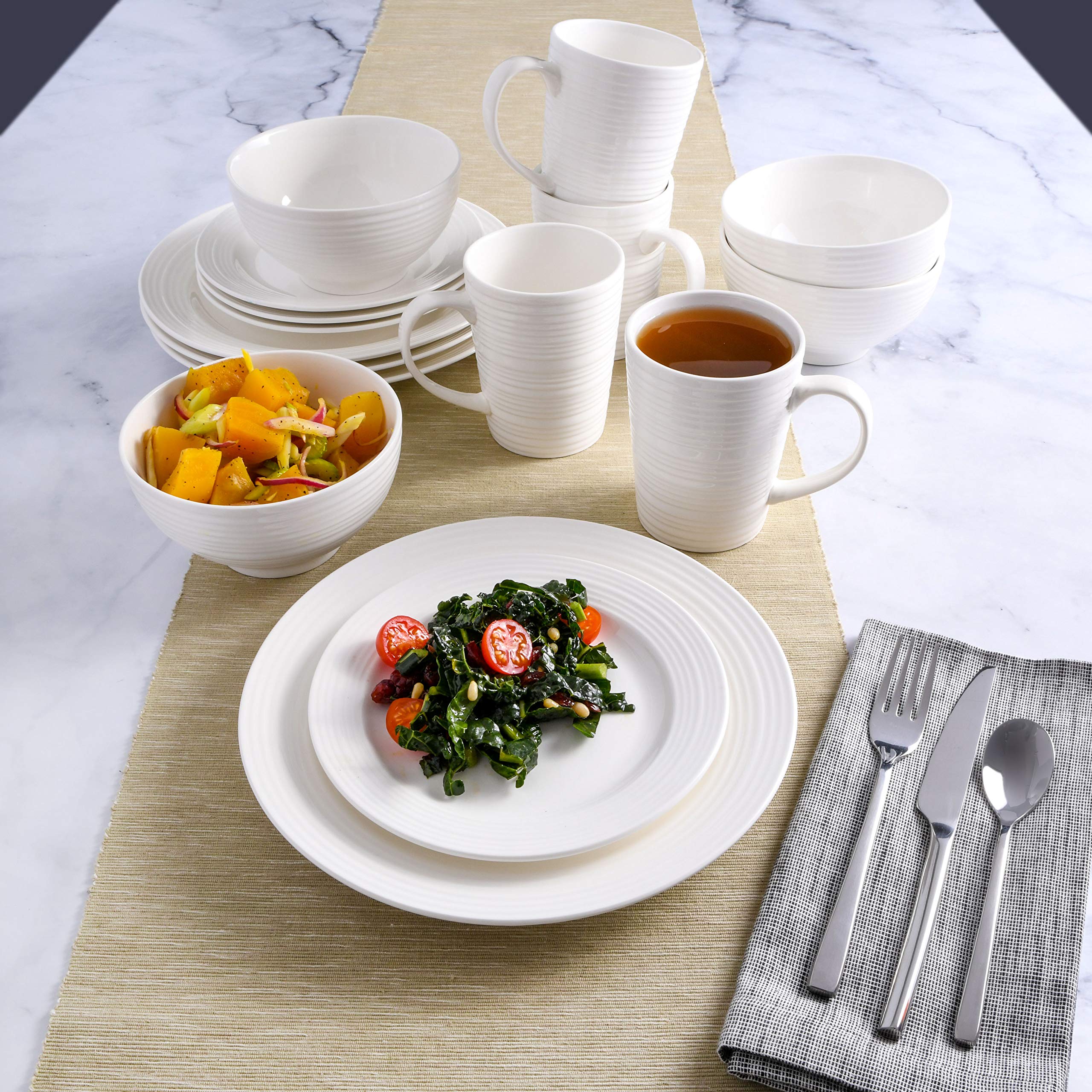 Gibson Home Amelia Court 16-Piece Dinnerware Set - White Porcelain Dinner Plates, Salad Plates, Bowls & Mugs - Elegant Tableware for Everyday Dining, Dinner Parties & Holiday Gatherings