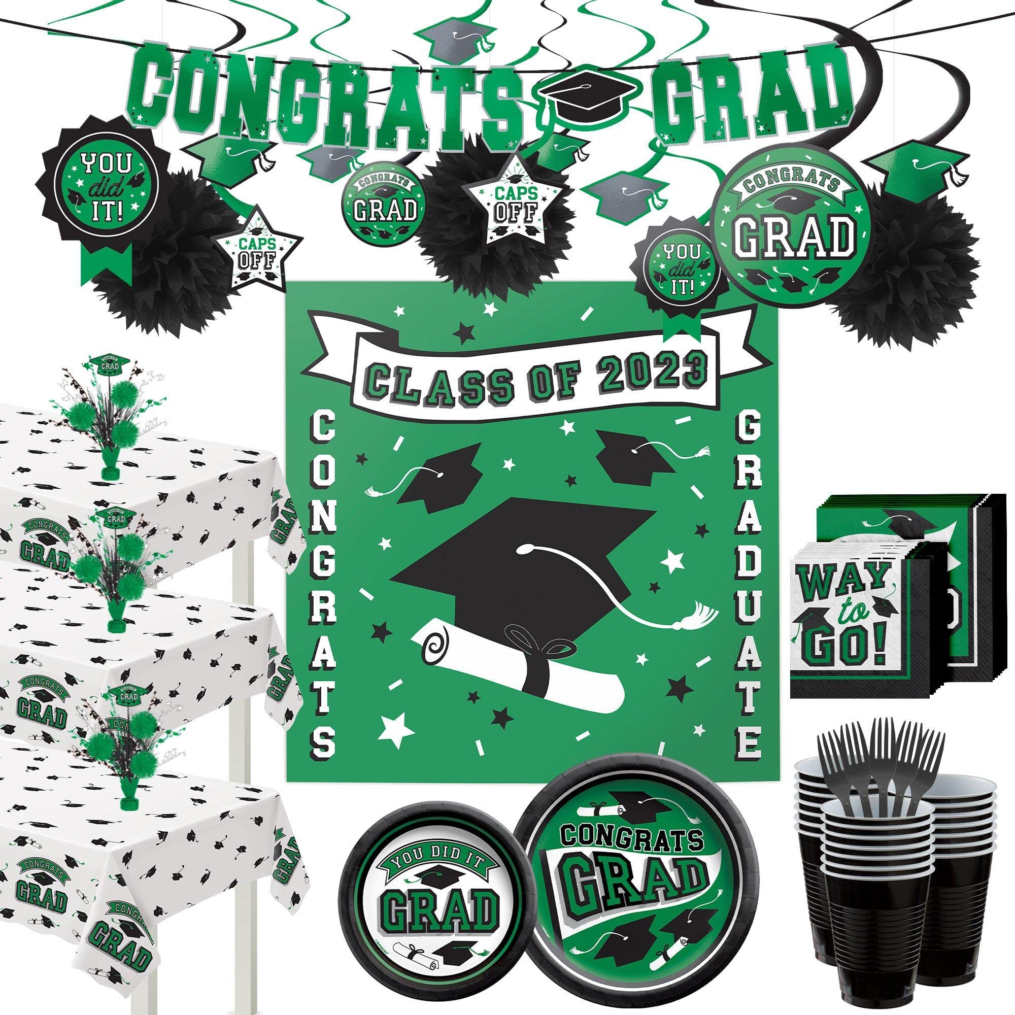 Ultimate Green Congrats Grad 2023 Graduation Party Decorations Kit - Includes Banner, Tableware & Props for 100 Guests | Perfect for High School & College Graduation Celebrations, Commencement Parties & Grad Night Events
