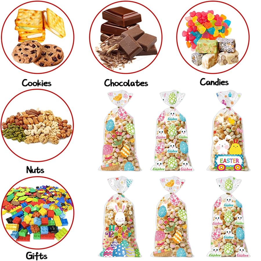 GOMANCHE 100-Piece Easter Cellophane Candy Bags with Gold Twist Ties - Colorful Easter Treat Bags for Party Favors, Goodie Cookies & Gift Giving - Perfect for Easter Celebrations, Classroom Treats & Holiday Events