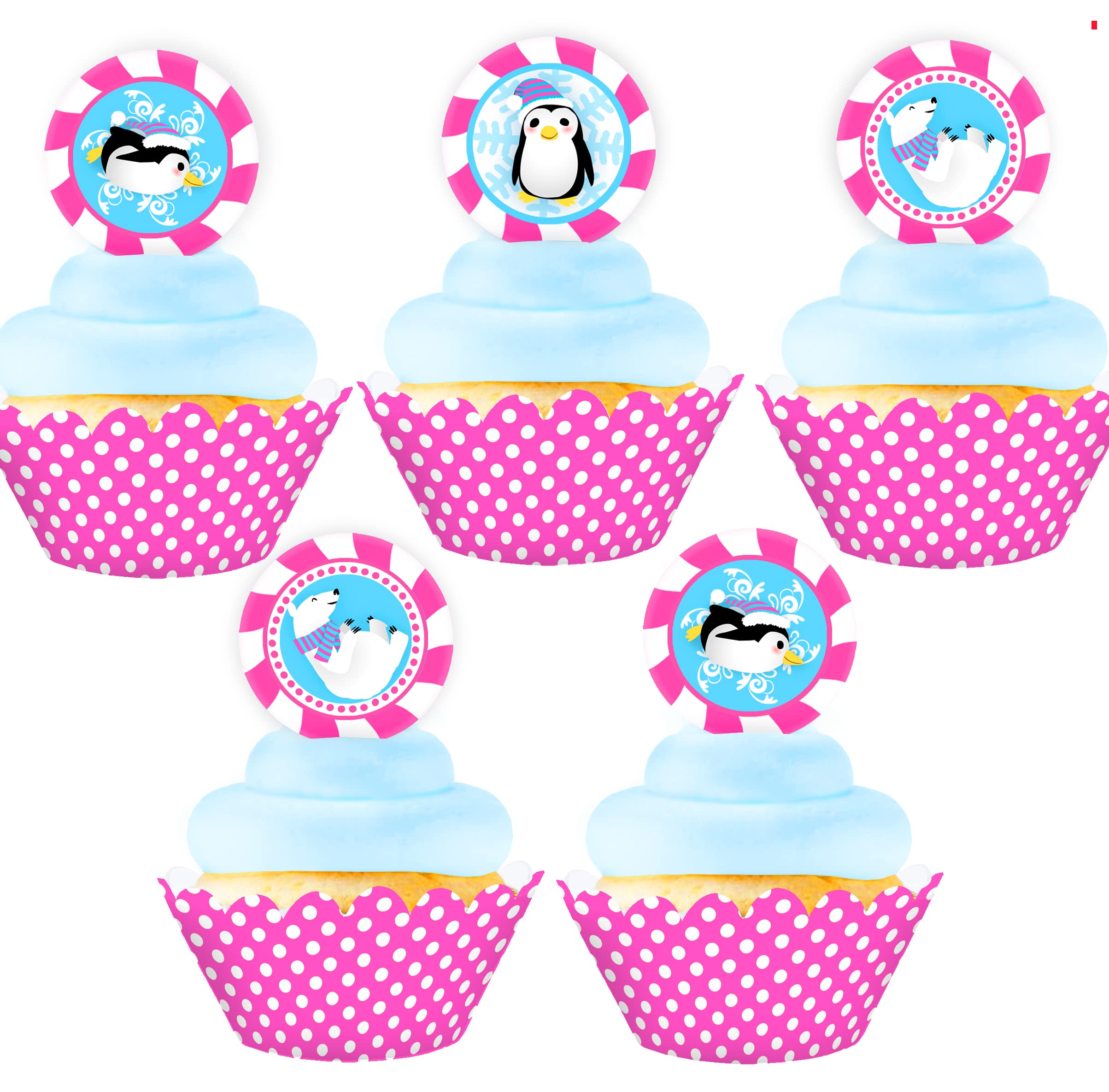 Winter Wonderland Penguin Birthday Cupcake Toppers & Wrappers Set - 24pcs Cupcake Decorations for Winter ONEderland Party Supplies - Perfect for Baby Showers, Birthday Cakes & Holiday Celebrations