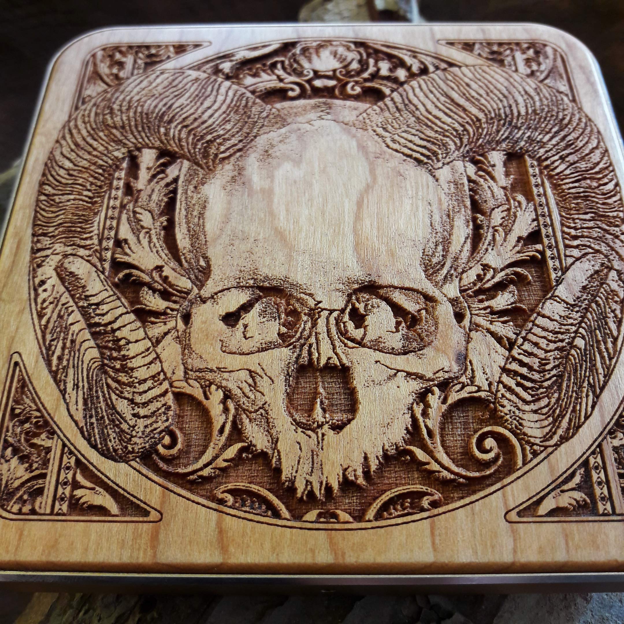 15W Fast Qi Wireless Charger Pad - Laser Engraved Ram Skull Design on Cherry Wood with Black Aluminum Base | Compatible with iPhone 16, Galaxy S25, S24 Ultra | Gothic Dark Art Home & Office Desk Decor | Perfect for Bedroom, Gaming Setup and Gift Giving