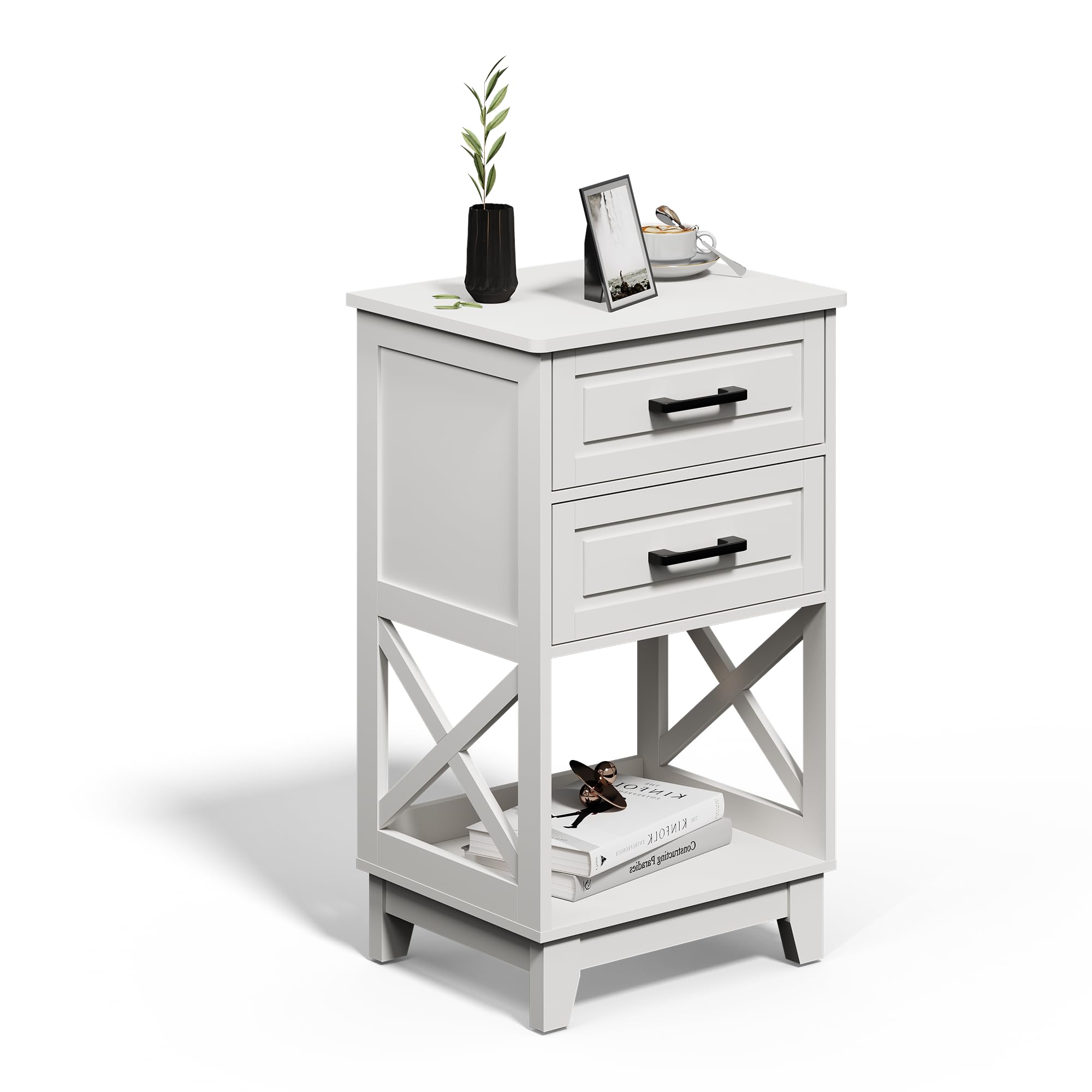 RoyalCraft White Modern Nightstand - Tall Bedside Table with 2 Drawers & Open Shelf, Solid Wood Feet - Perfect for Bedroom, Home Office & Small Space Living (White)