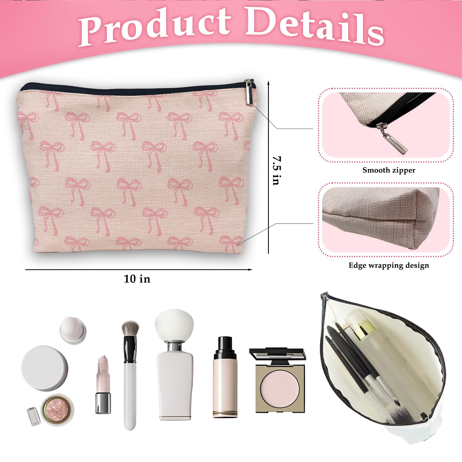 Coquette Pink Bow Makeup Bag | Girly Aesthetic Cosmetic Pouch | Cute Preppy Travel Organizer | Perfect for Teens, Bridal Showers & Birthday Gifts | Great for School, Travel & Daily Makeup Storage