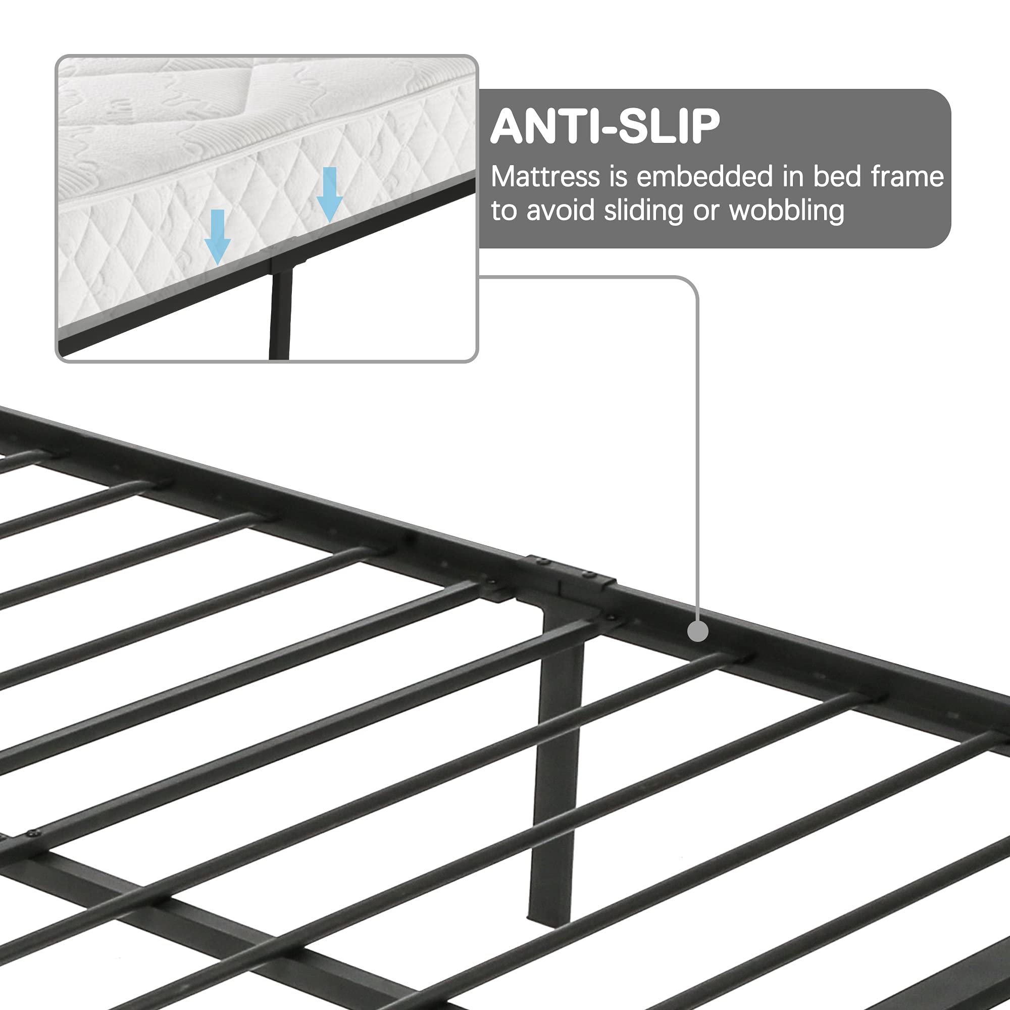 LUCKYERMORE Queen Size Metal Platform Bed Frame with Headboard - Anti-Rust, Anti-Slip Support, Sturdy Black Bed Frame for Bedroom, Guest Room, or Dorm - Easy Assembly & Modern Design