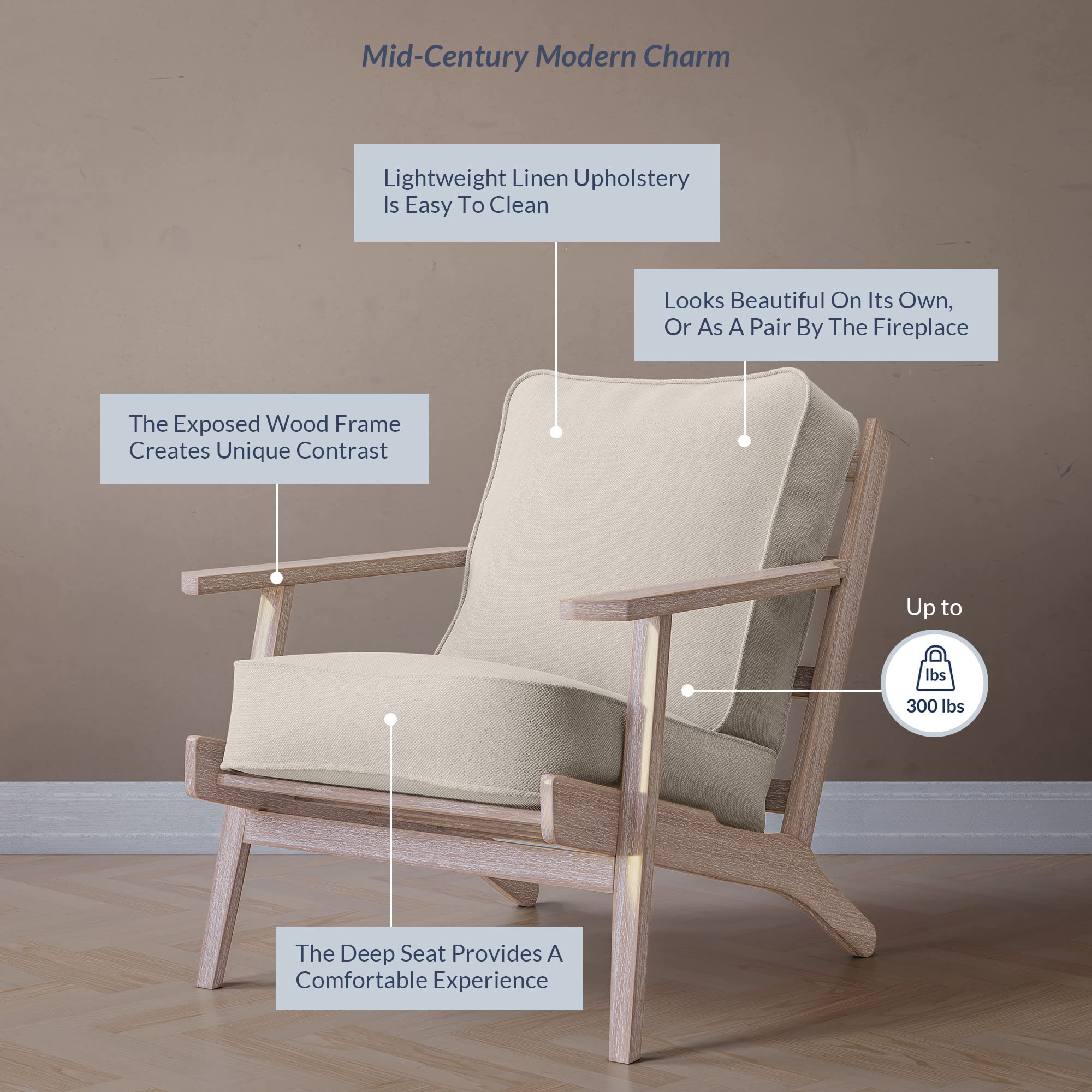 BELLEZE Mid Century Modern Chairs Set of 2 - Upholstered Linen Armchairs with Solid Wood Frame - Easy Assembly Accent Chairs for Living Room, Bedroom, Office - Maximus (Natural) | Perfect for Home Decor, Reading Nook & Guest Seating