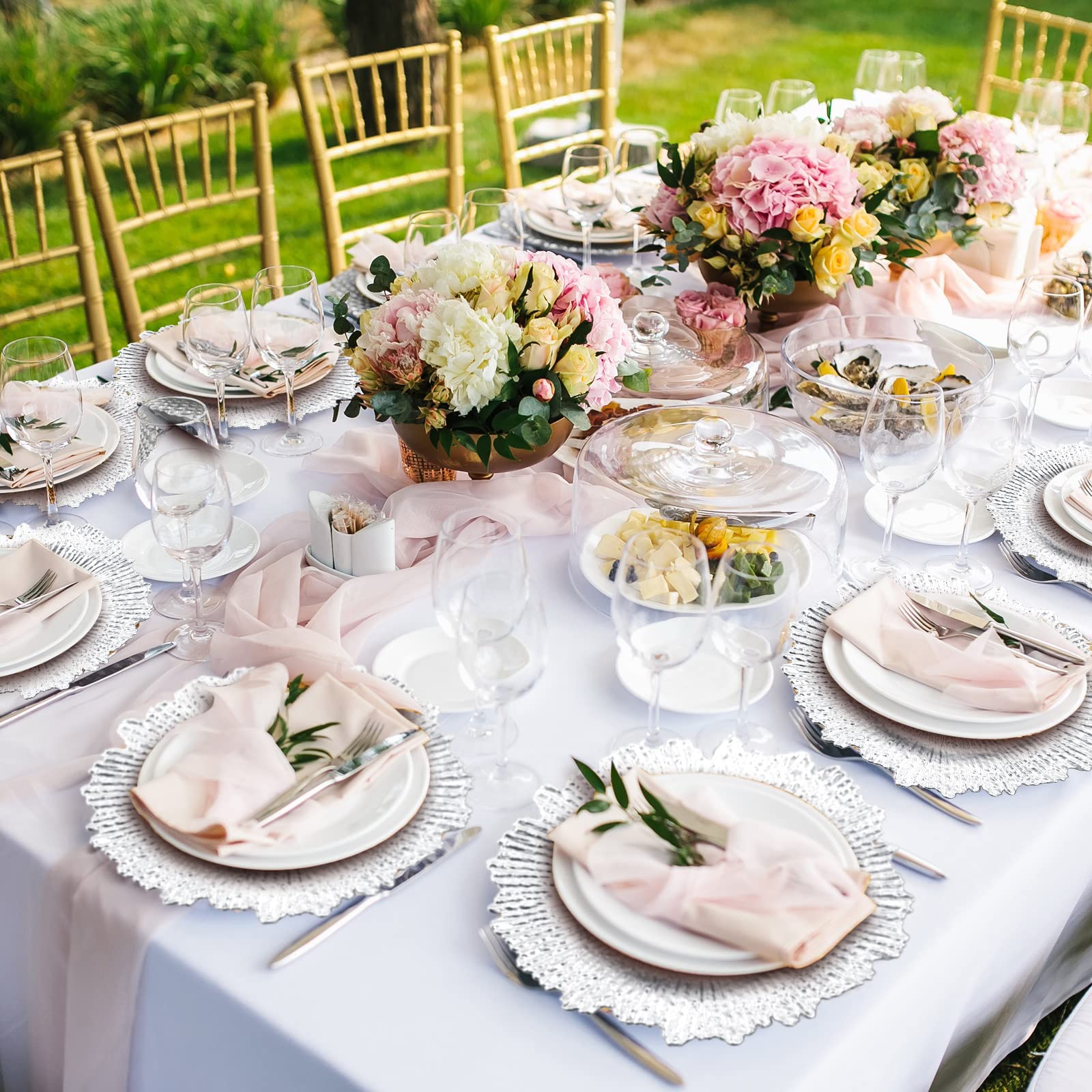 50 Pcs 13 Inch Silver Floral Reef Design Plastic Charger Plates - Round Ruffled Rim Dinner Plates for Wedding, Party & Event Table Decor - Elegant Table Setting for Fine Dining & Special Occasions