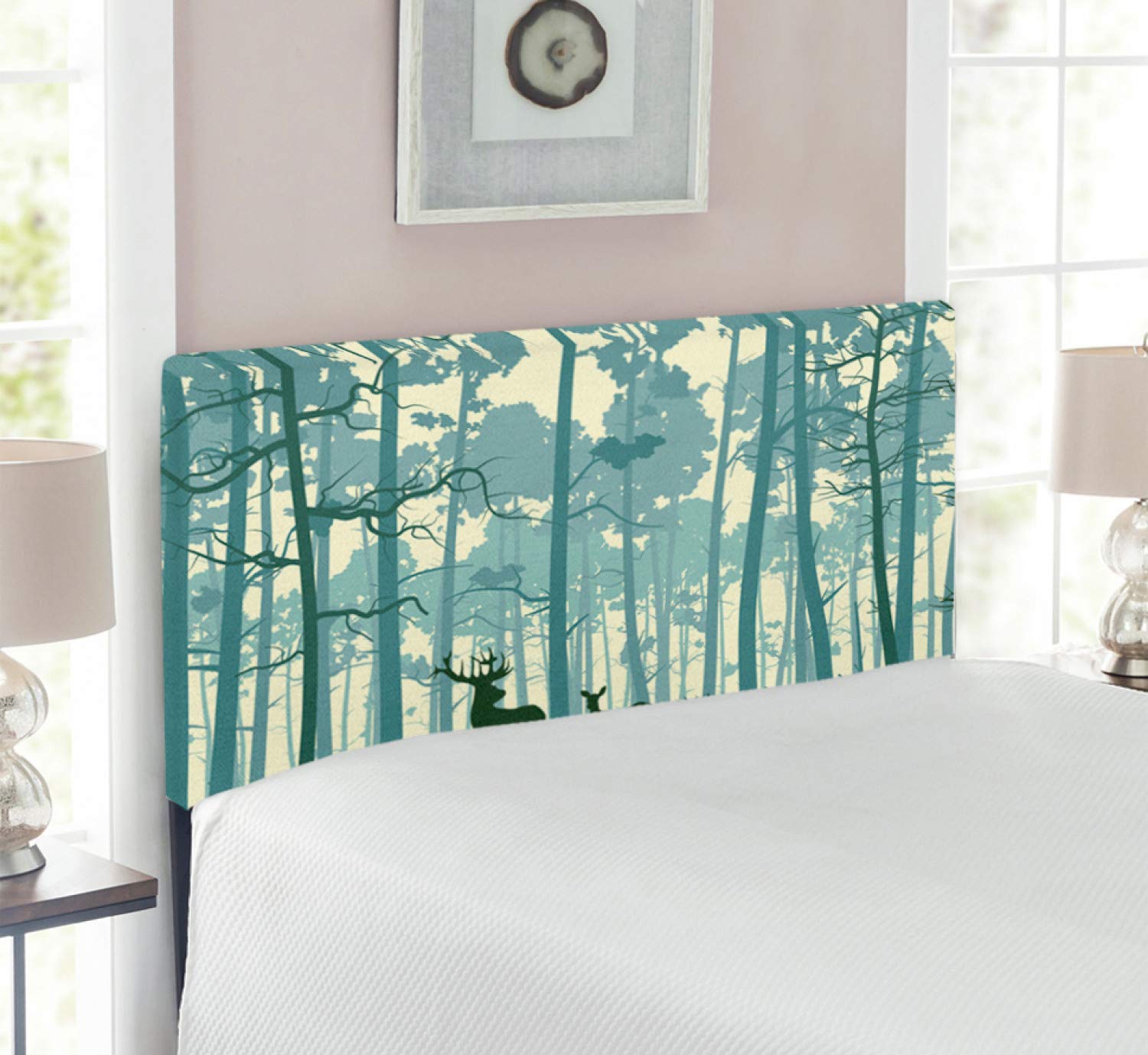 Ambesonne Deer Headboard - Animal Silhouette Foggy Forest Nature Themed Cartoon Dusk Art Upholstered Metal Bed Frame with Memory Foam, Twin Size Black White Grey - Perfect for Kids' Rooms & Nature-Themed Bedrooms