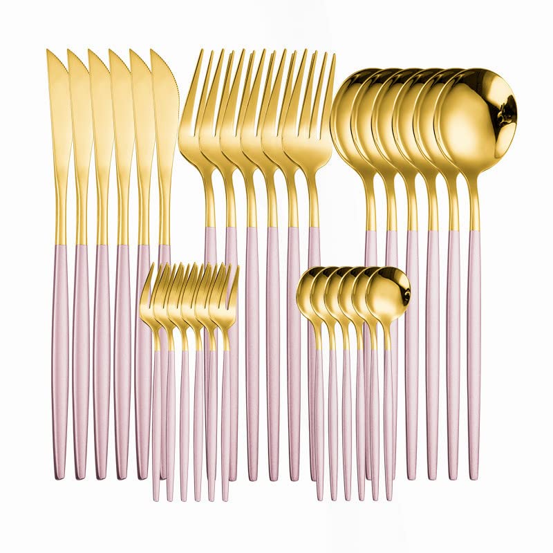 Luxury 30-Piece Stainless Steel Flatware Set - Silverware Cutlery Set with Spoon, Fork, Knife for Dining - Elegant Pink Gold Kitchen Tableware for Home, Restaurant & Dinner Parties