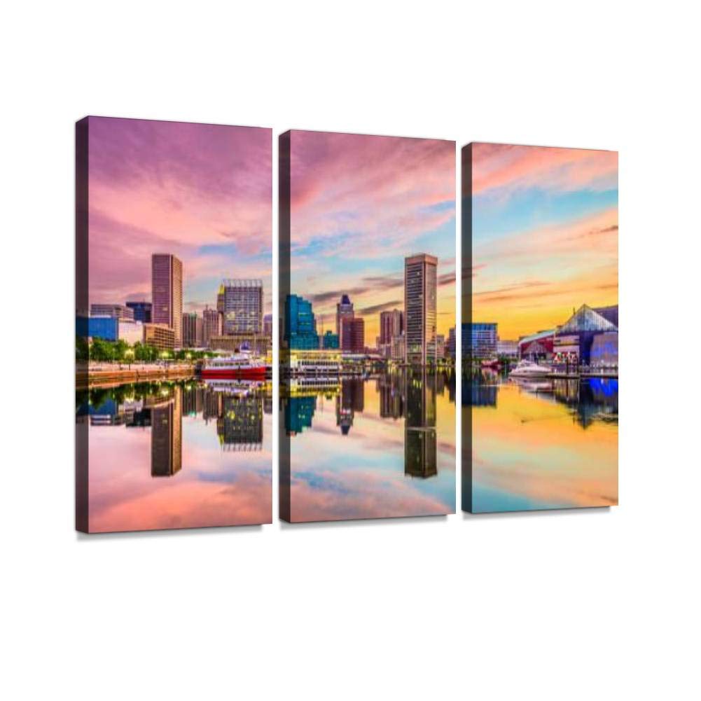 Baltimore Maryland Skyline Reflection Canvas Wall Art - 3 Panel Modern Cityscape Painting for Living Room & Bedroom Decor - Premium Home Wall Decor Posters for Office & Apartment Decoration