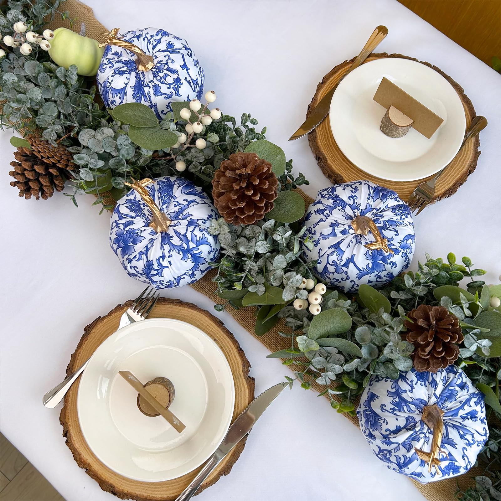 Winlyn 4-Piece Blue and White Faux Fabric Pumpkins Set - Chinoiserie Chic Fall Decor for Thanksgiving, Halloween, Weddings - Perfect for Farmhouse Table Centerpieces, Mantel Displays & Bowl Fillers