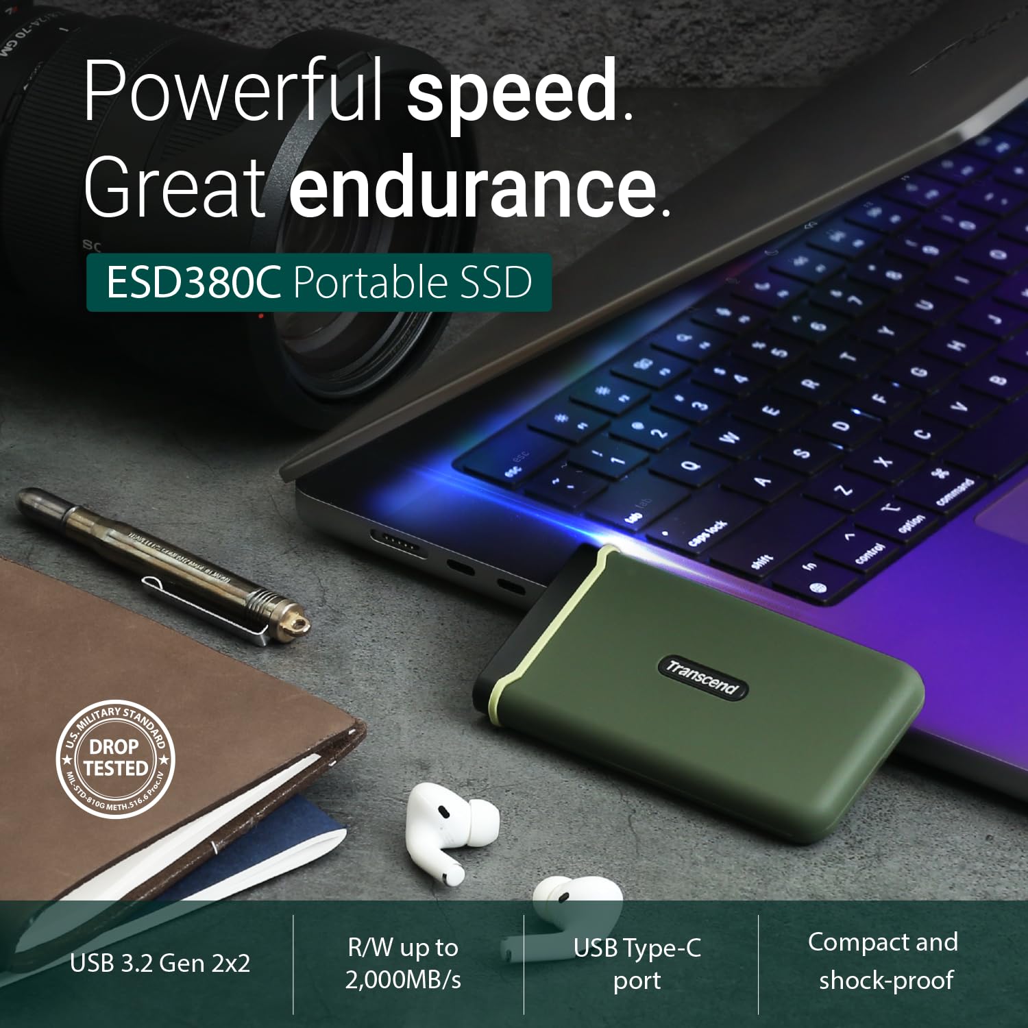 Transcend 4TB ESD380C Portable SSD - Rugged External Solid State Drive with USB 3.2 Gen 2x2 Type-C, 2000MB/s Speed - Perfect for Gaming, Photography & Data Backup (TS4TESD380C)