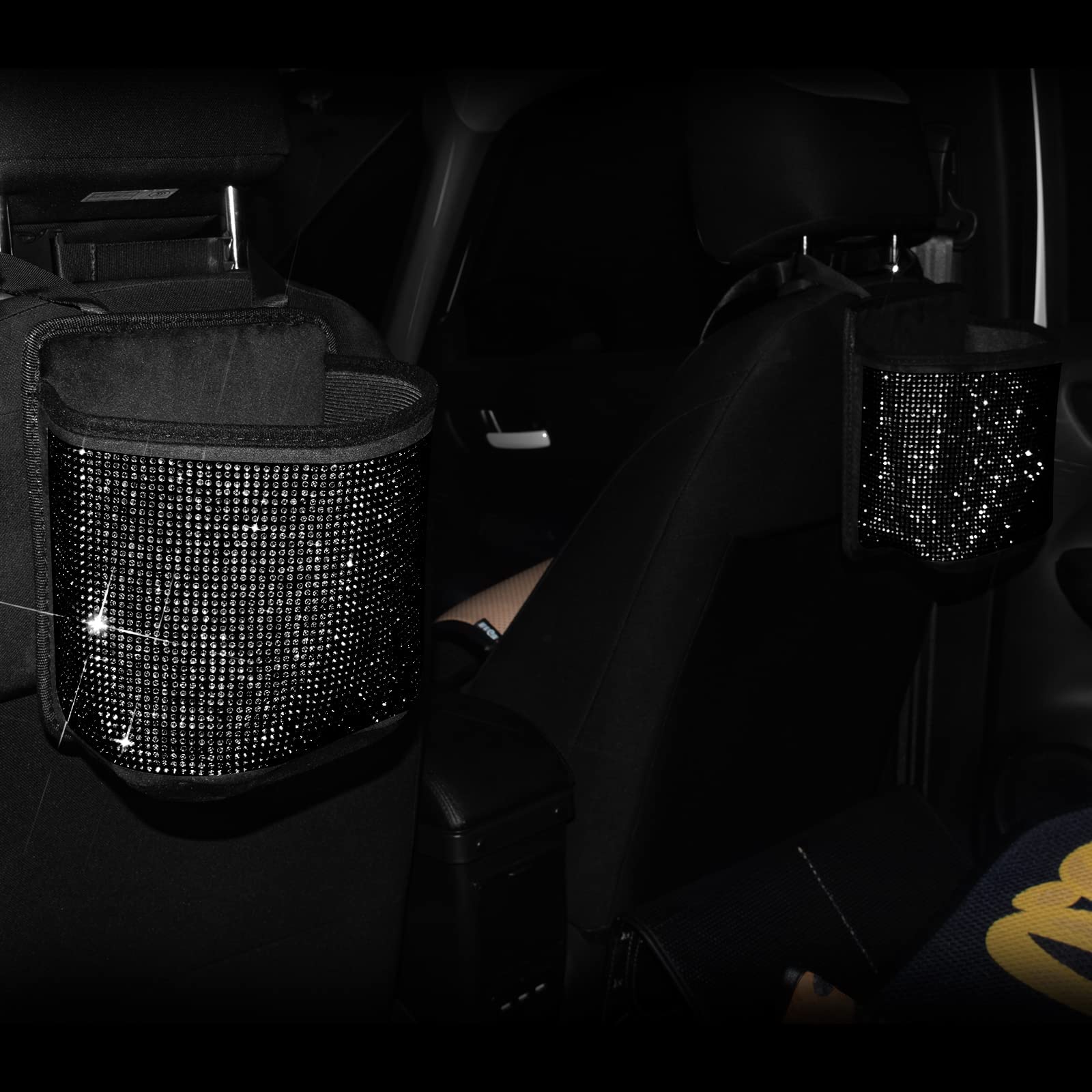 Premium Bling Crystal Car Seat Organizer - 2 Pack Black Diamond Car Accessories for Front/Back Seats | Travel Caddy Bag & Practical Garbage Pocket Bin | Perfect for Road Trips, Commuting & Family Travel