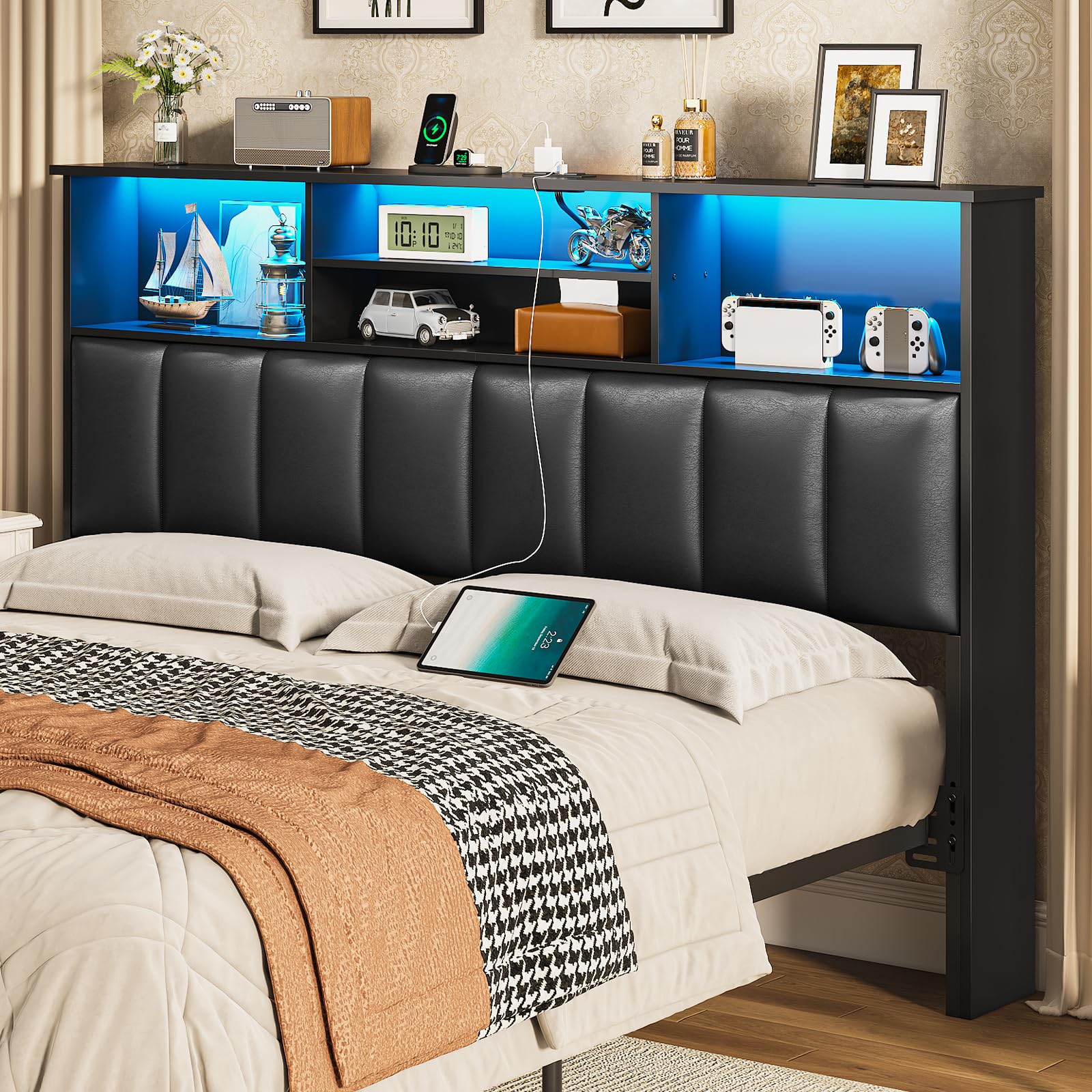 MSmask Upholstered Queen Size Bookcase Headboard with Charging Station & LED Lights - Modern Storage Headboard with Bed Frame Adapter, Black - Perfect for Bedroom Upgrade & Nighttime Reading