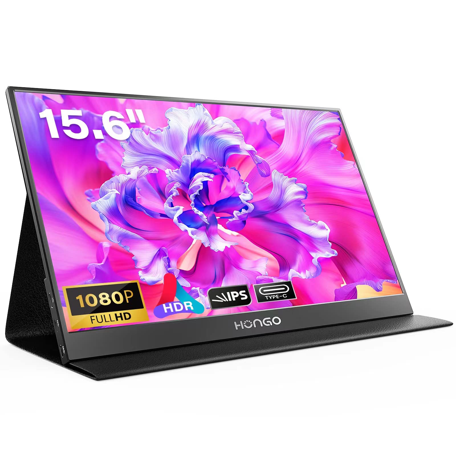 15.6'' HONGO Portable Monitor - 1080P FHD IPS HDR Display with USB-C & HDMI, Built-in Dual Speakers & Smart Cover - External Gaming Monitor for PC, Mac, Phone, Xbox, PS4, Nintendo Switch - Perfect for Work, Travel & Mobile Gaming