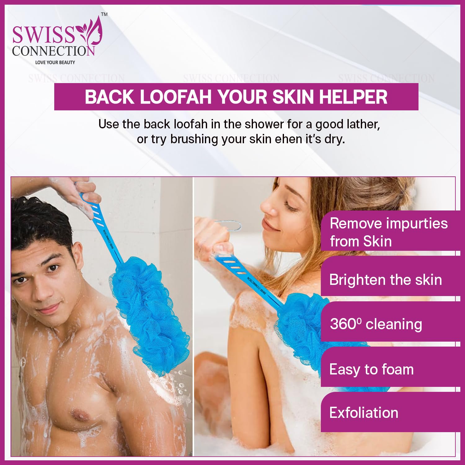 Swiss Connection Long Handle Loofah Back Scrubber - Gentle Exfoliating & Efficient Cleaning Bath Sponge for Men & Women - Easy to Clean, Multi-Color (Pack of 2) - Perfect for Shower, Spa, and Daily Body Care Routine