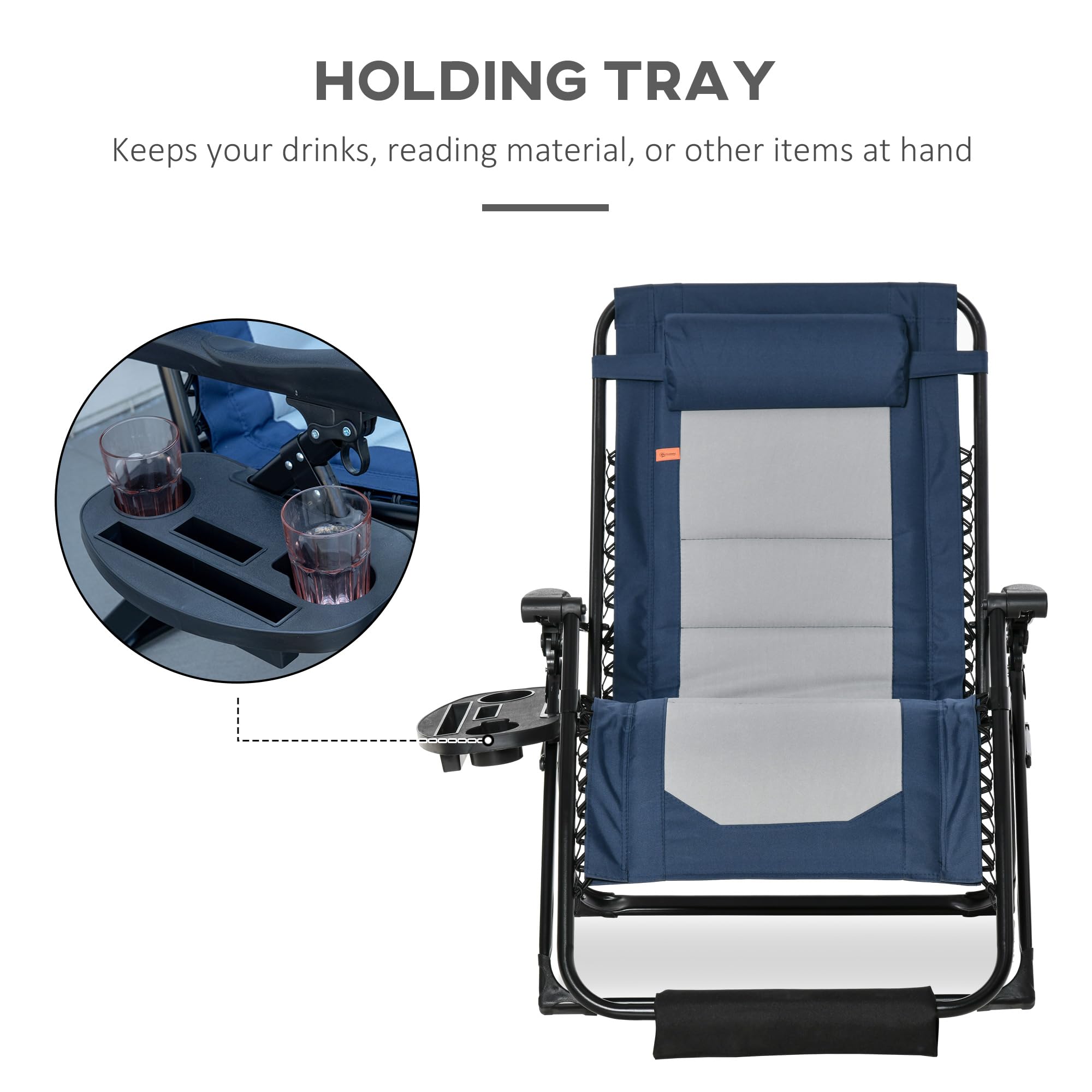 Outsunny Oversized Zero Gravity Lounge Chair with Footrest & Headrest - Foldable Outdoor Recliner with Side Tray, Cup Holders & Padded Armrests - Perfect for Camping, Backyard, Patio, Beach & Pool Relaxation - Blue