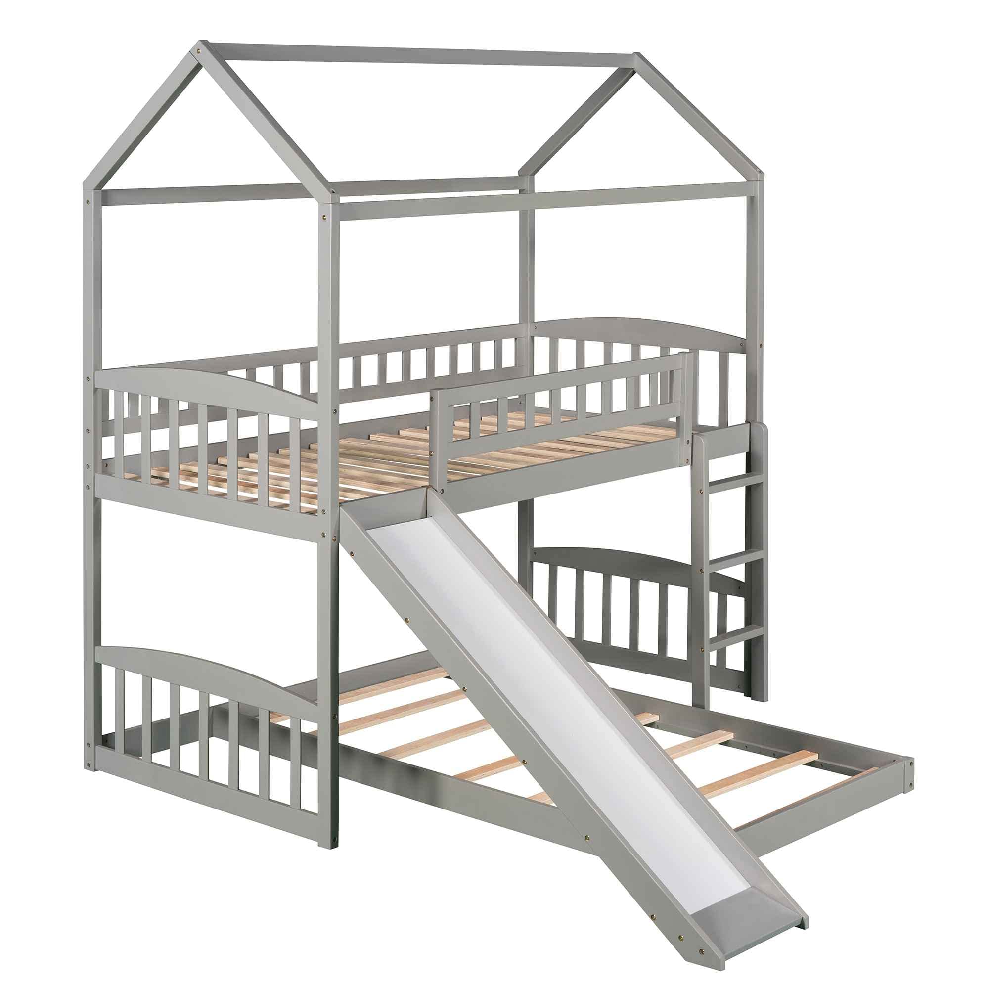 ATY House Twin Over Twin Wooden Bunk Bed for Kids with Slide, Roof, Guardrail & Ladder - No Box Spring Needed - Space-Saving Gray Bunkbed for Bedrooms, Guest Rooms & Vacation Homes