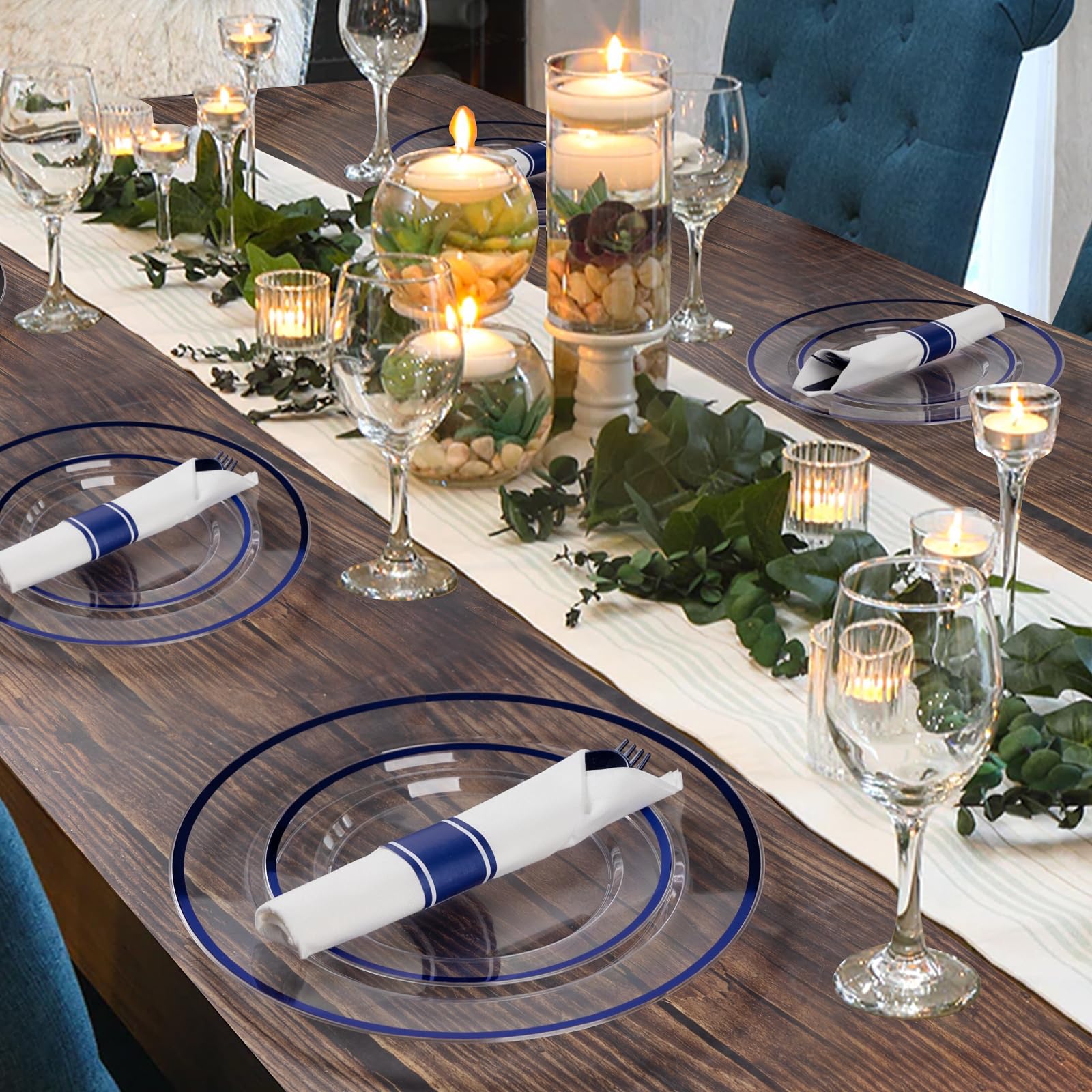 Goodluck 350-Piece Dark Blue Plastic Dinnerware Set for Party - Disposable Plates, Cups & Cutlery for 50 Guests (50 Dinner Plates, 50 Dessert Plates, 50 Napkins, 50 Cups) - Perfect for Birthday Parties, Weddings, Picnics & Events
