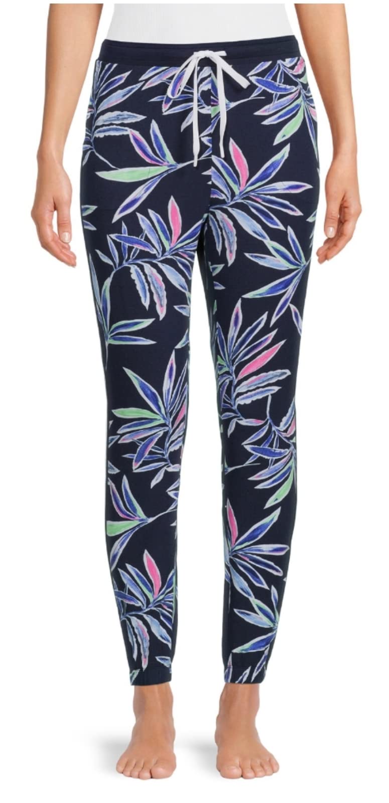 Secret Treasures Women's Dark Navy Tropical Print Knit Lounge & Sleep Jogger Pants - Soft Comfortable Pajama Bottoms for Relaxing at Home, Yoga, or Travel