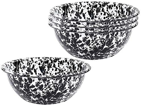 Black Marble Enamelware Bowls - Set of 4 for Cereal, Salad, Soup & Dessert | Durable & Stylish Kitchenware for Dining, Picnics & Home Decor