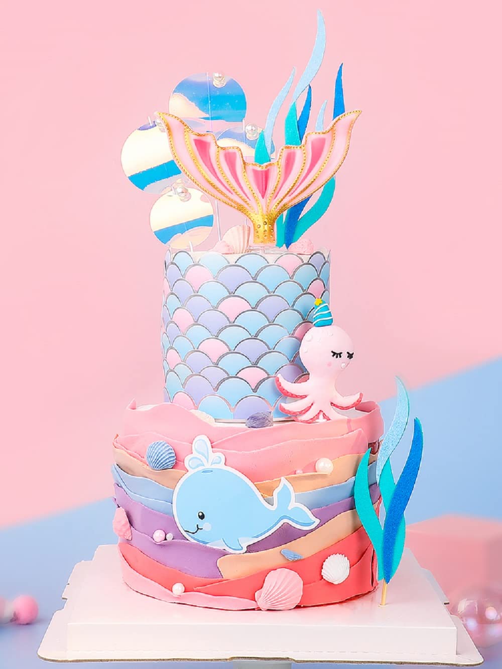 8 PCS Glitter Mermaid Cake Toppers - Under the Sea Party Supplies, Ocean Animal & Mermaid Scale Cake Decorations for Birthday, Baby Shower & Themed Parties