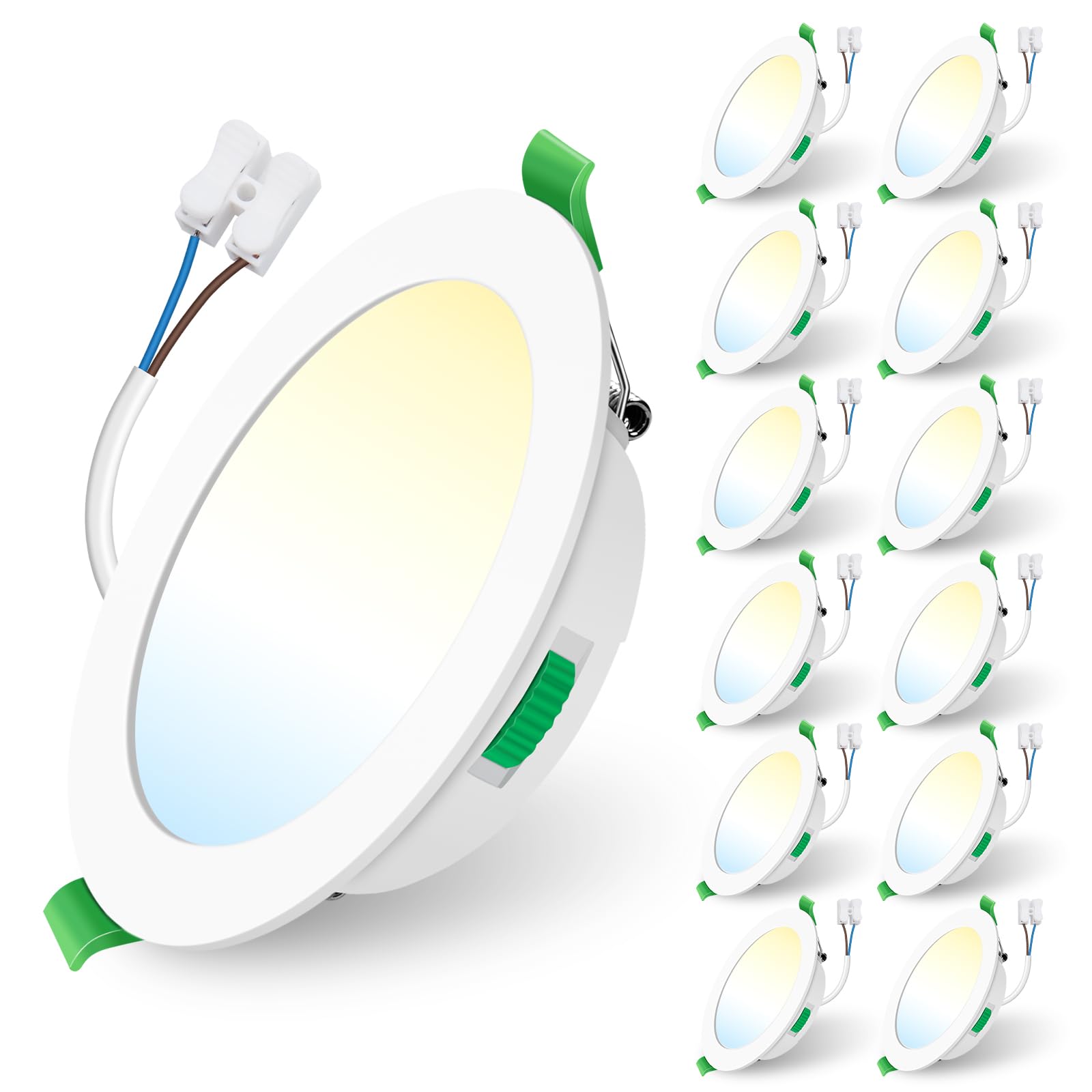 12 Pack ALUSSO LED Recessed Ceiling Lights - 10W 750LM Dimmable Downlight with 3 Adjustable Color Temperatures (3000K/4000K/6500K) - 125-135mm Cutout, IP44 Rated for Bathroom, Kitchen & Living Room Lighting - Energy Saving White LED Ceiling Spotlights for Home & Office